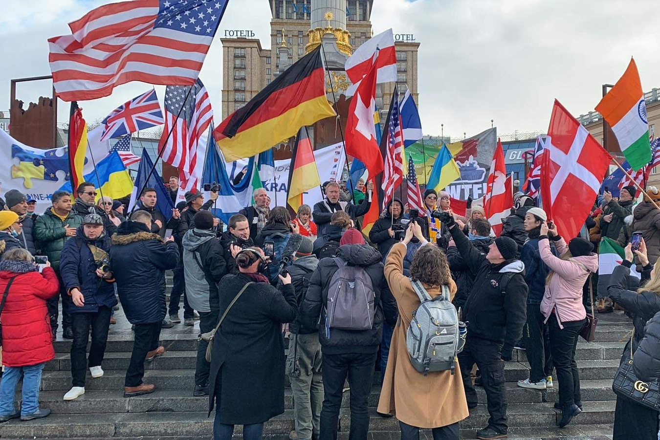 Expats are seen rallying in Kyiv in support of Ukraine