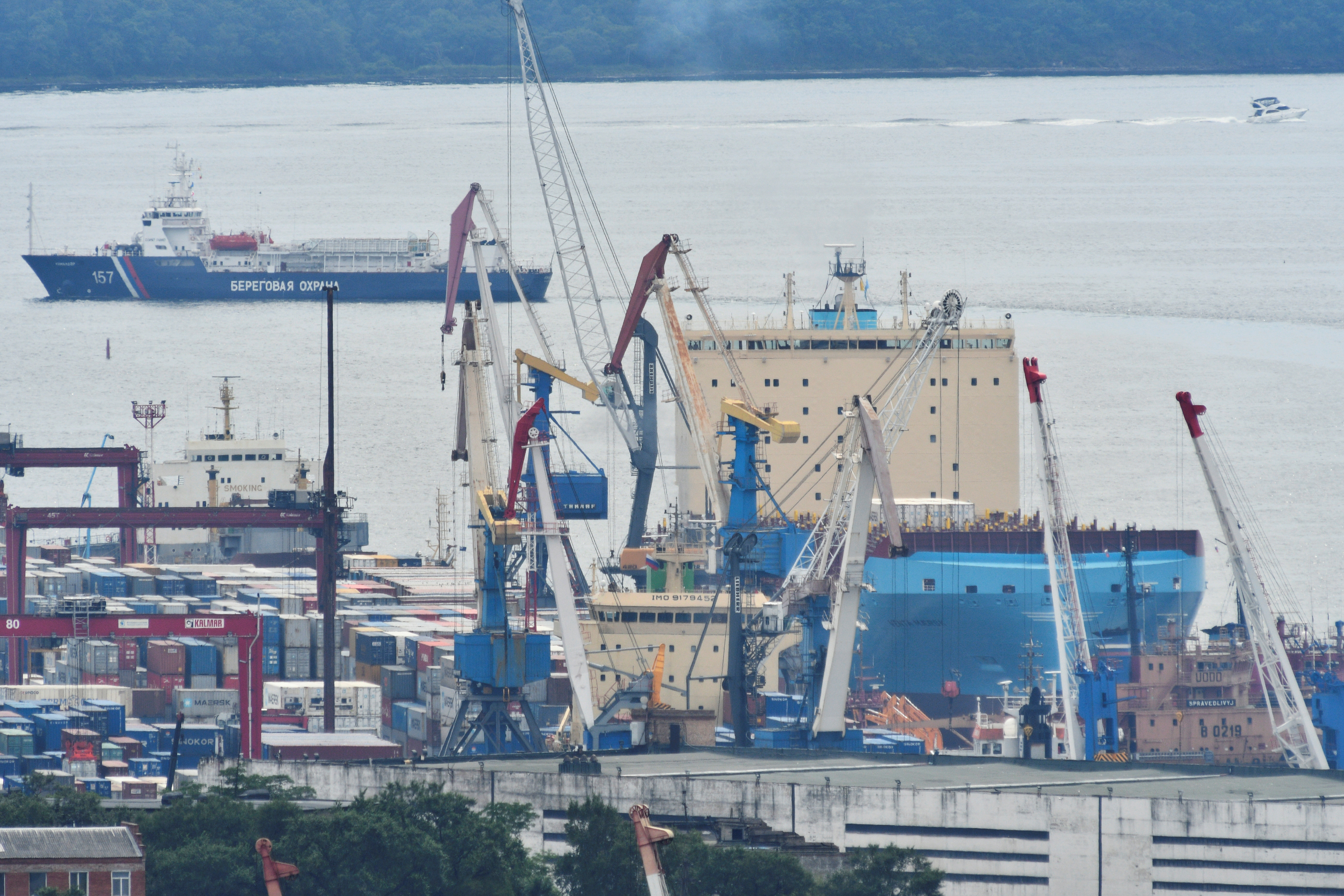 The Venta Maersk in the Russian port of Vladivostok as it prepares to set off on its Arctic voyage, Russia August 22, 2018.