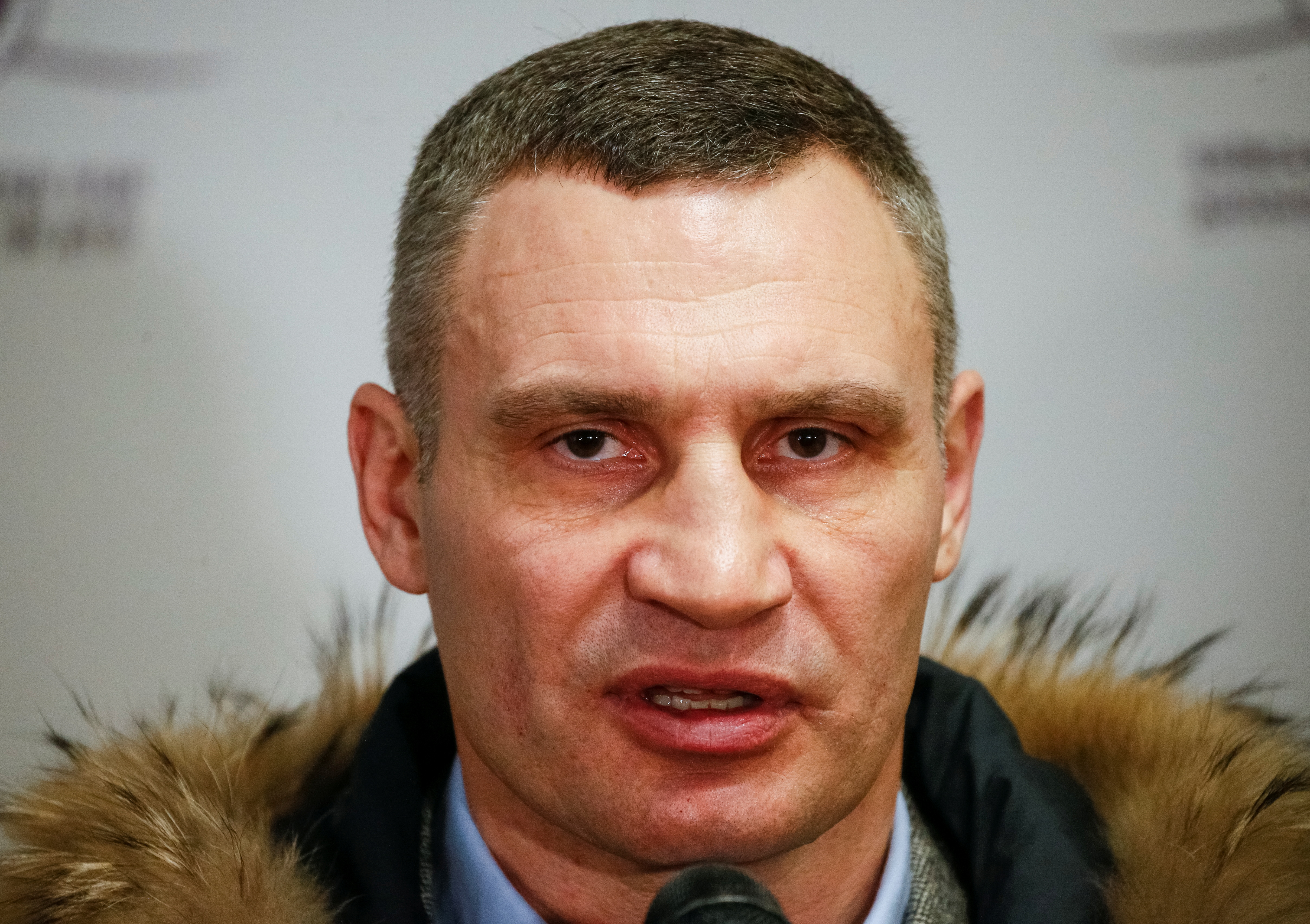 Mayor of Kyiv and former heavyweight boxing champion Vitali Klitschko speaks with journalists