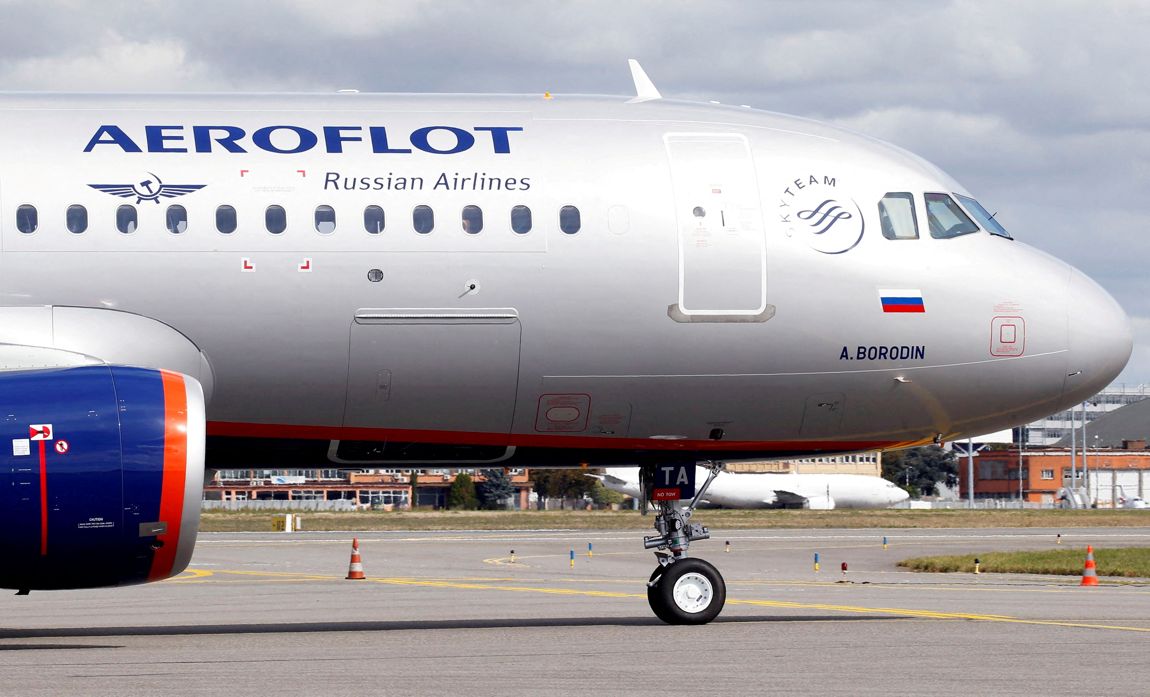 The logo of Russia's flagship airline Aeroflot is seen on an Airbus A320-200 in Colomiers near Toulouse, France,