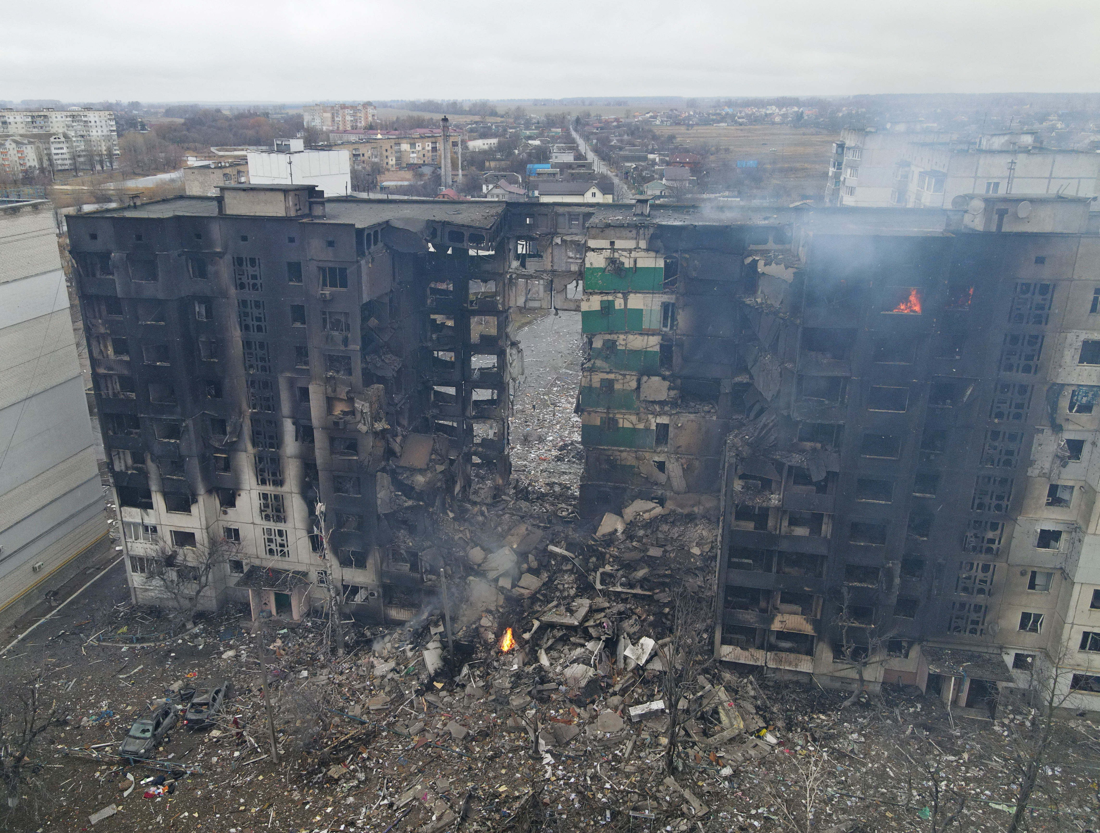 An aerial view shows a residential building destroyed by shelling, as Russia's invasion of Ukraine continues, in the settlement of Borodyanka in the Kyiv region