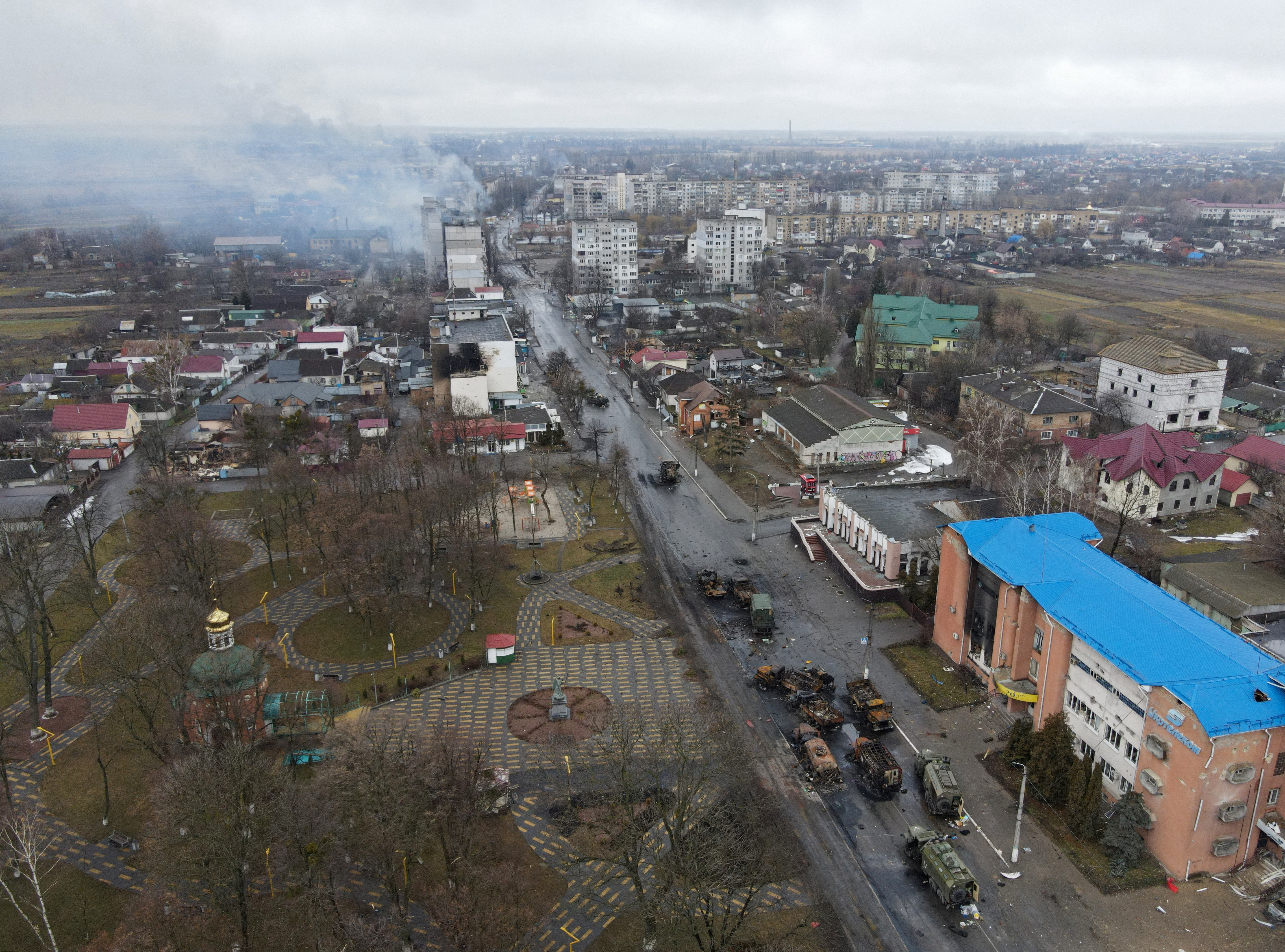 Destroyed Russian military vehicles on a street in the settlement of Borodyanka, Ukraine.