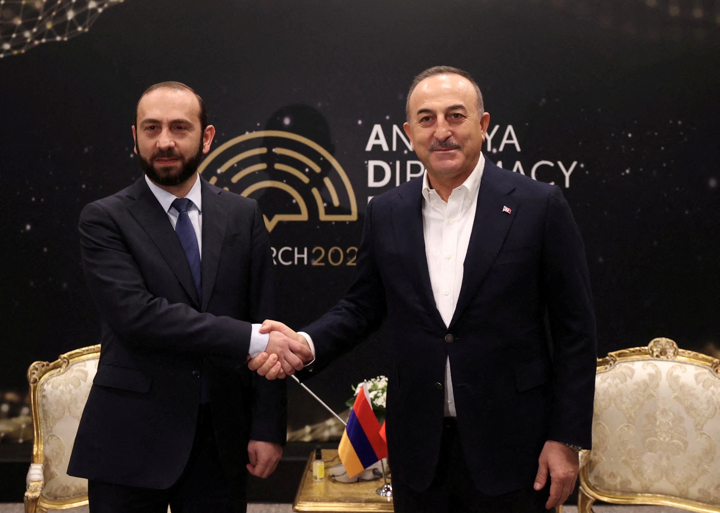 Turkish Foreign Minister Mevlut Cavusoglu meets with his Armenian counterpart Ararat Mirzoyan