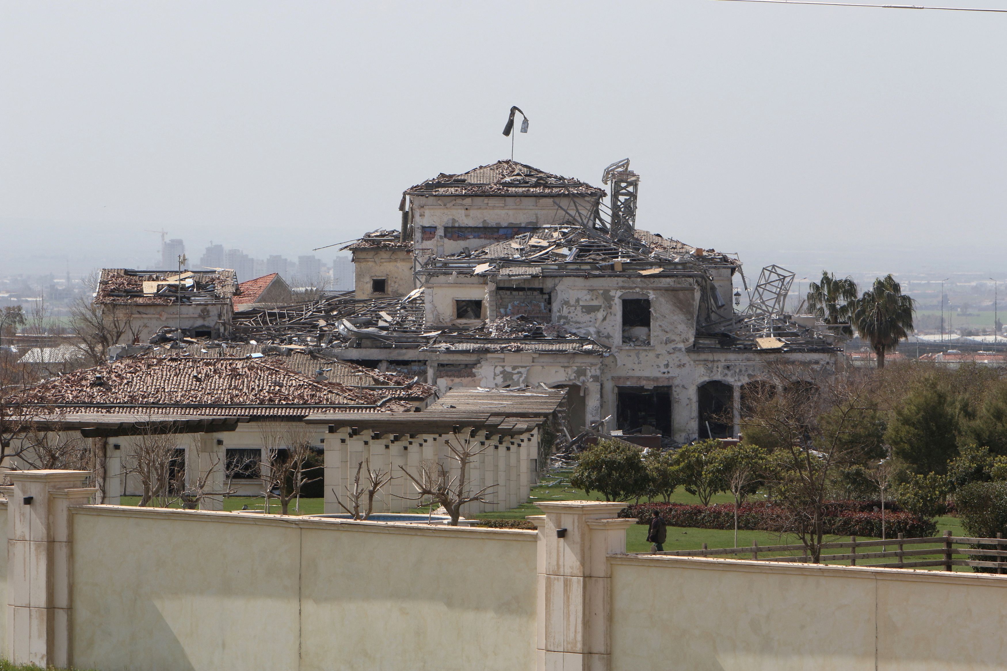 View of a damaged building in the aftermath of missile attacks in Erbil, Iraq