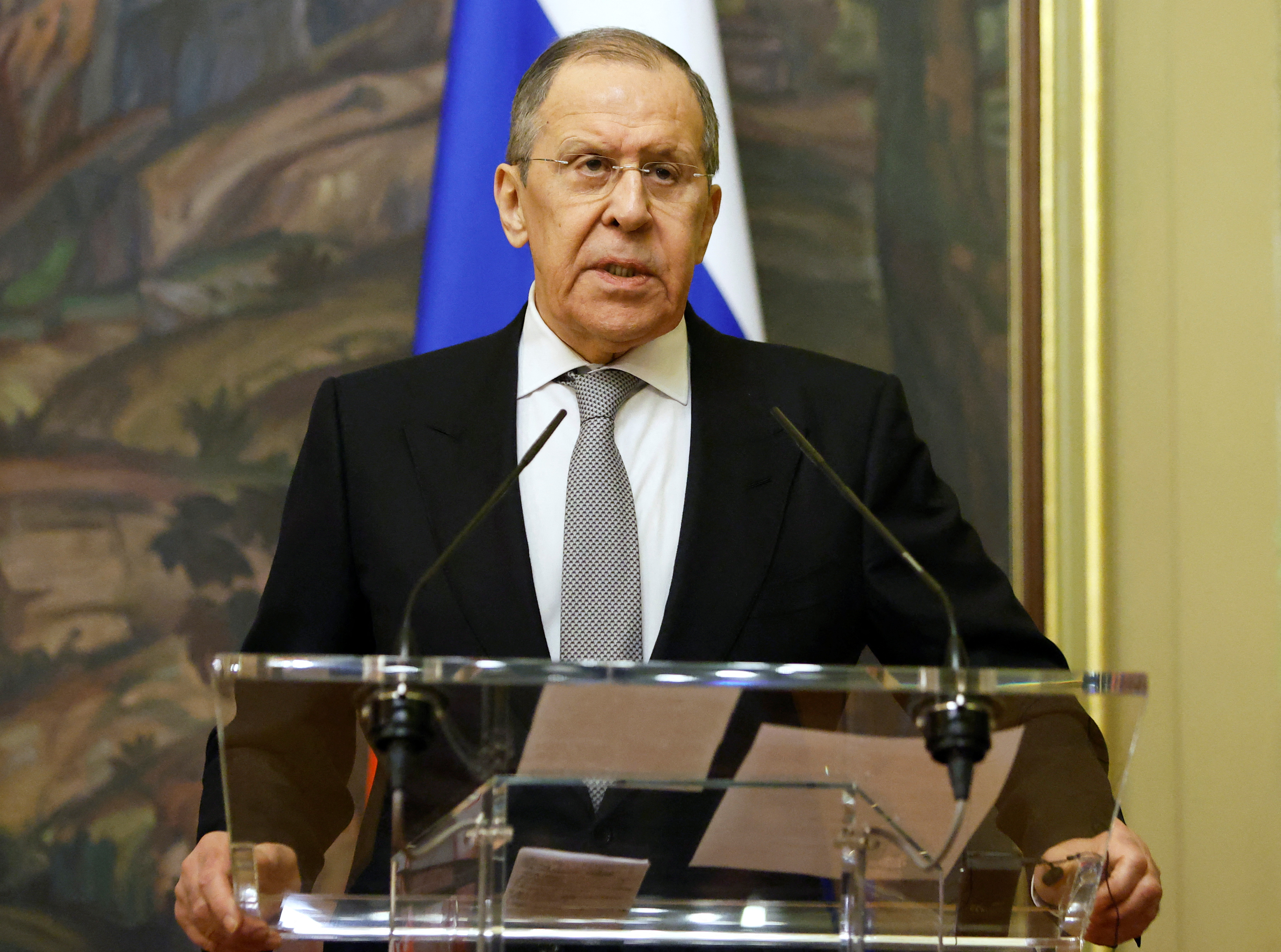 Russian foreign minister Sergey Lavrov attends a joint news conference with Iranian foreign minister Hossein Amir-Abdollahian in Moscow, Russia, March 15, 2022.
