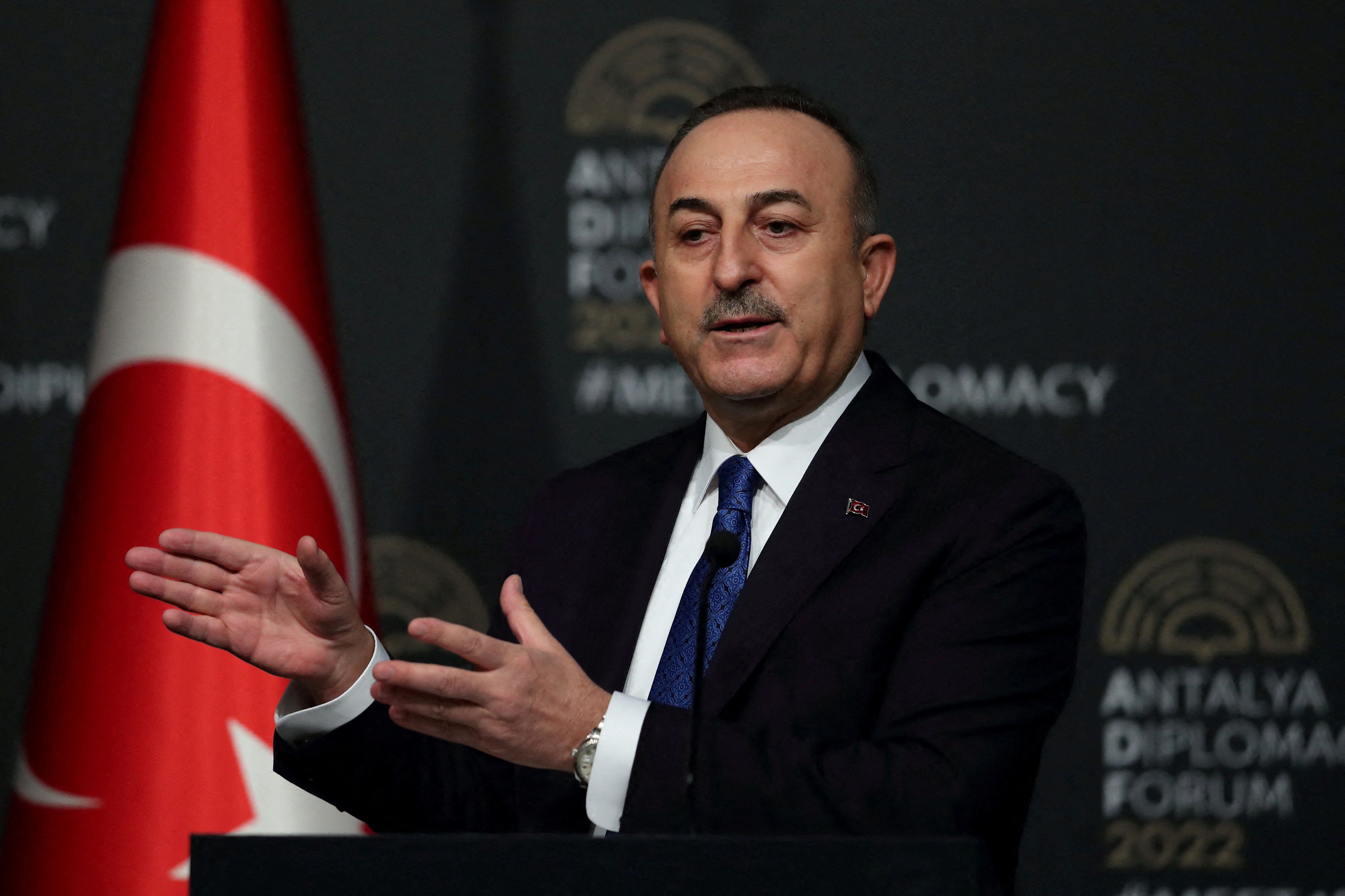 Turkish Foreign Minister Mevlut Cavusoglu speaks during a news conference after meeting with his counterparts Russian Sergei Lavrov and Ukrainian Dmytro Kuleba, amid Russia's invasion of Ukraine, in Antalya, Turkey March 10, 2022.