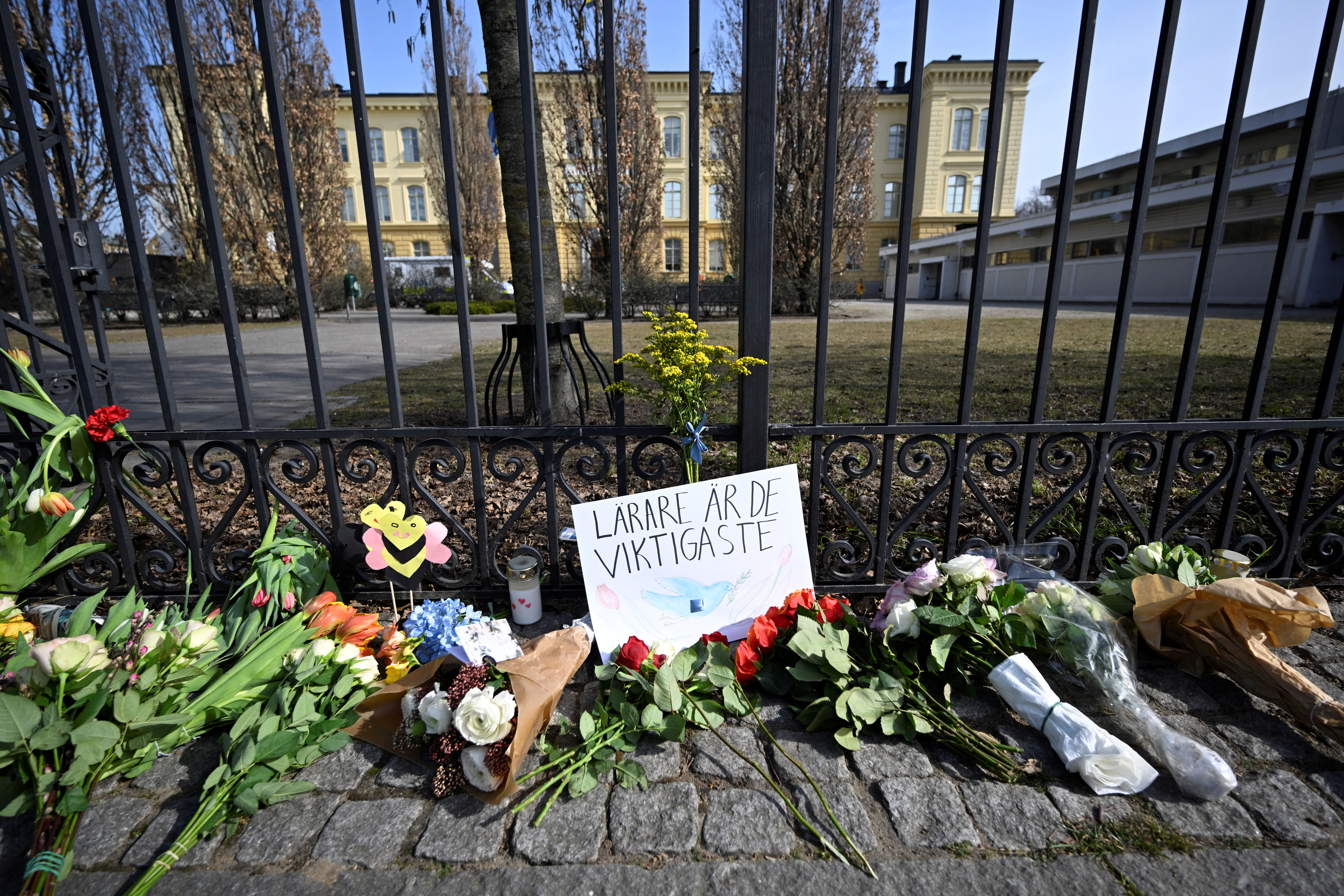 Flowers are seen outside Malmo Latin School