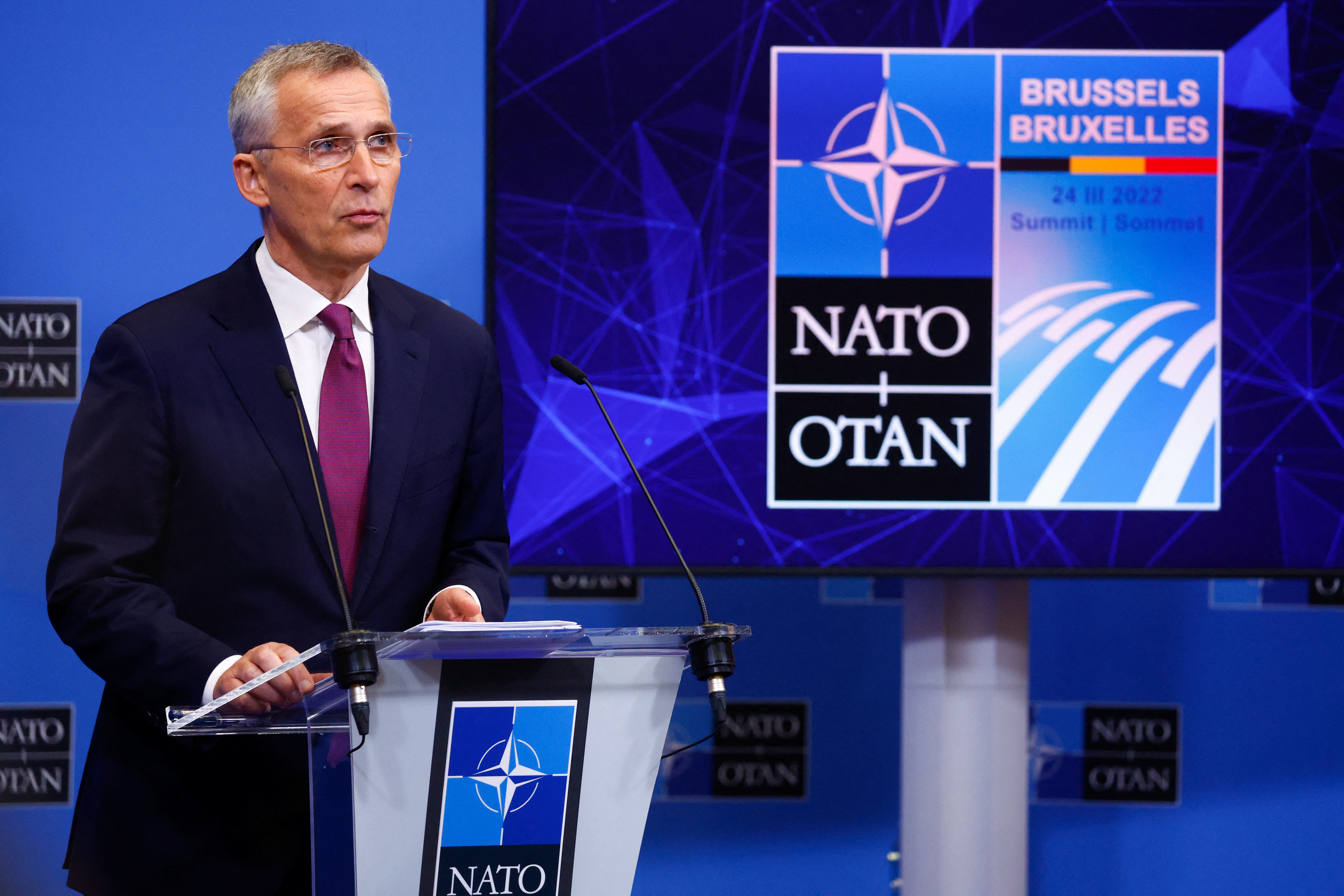 NATO Secretary General Jens Stoltenberg speaks in Brussels.