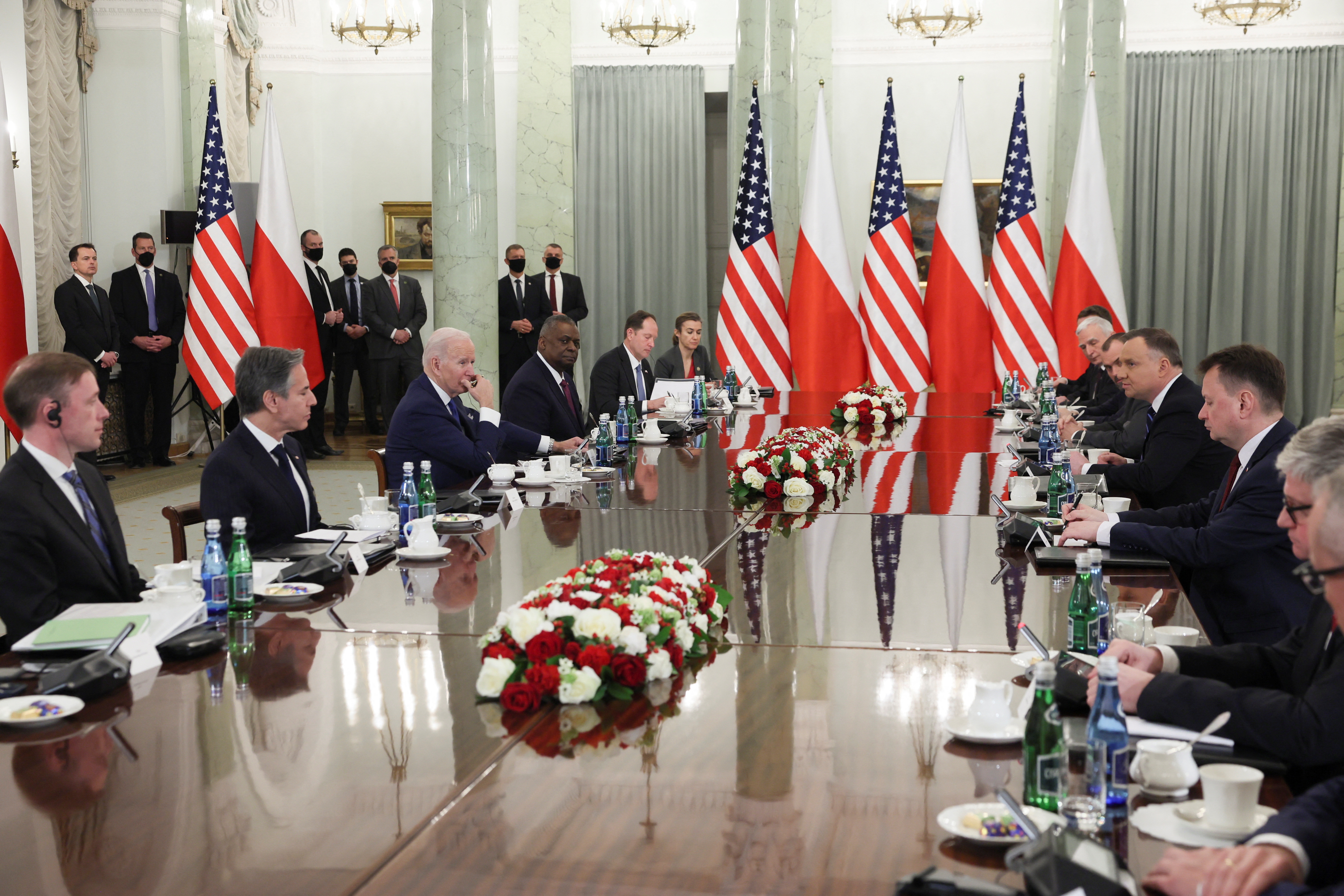 Polish President Andrzej Duda speaks during a bilateral meeting with the US Delegation, including US President Joe Biden (not pictured), amid Russia's invasion of Ukraine