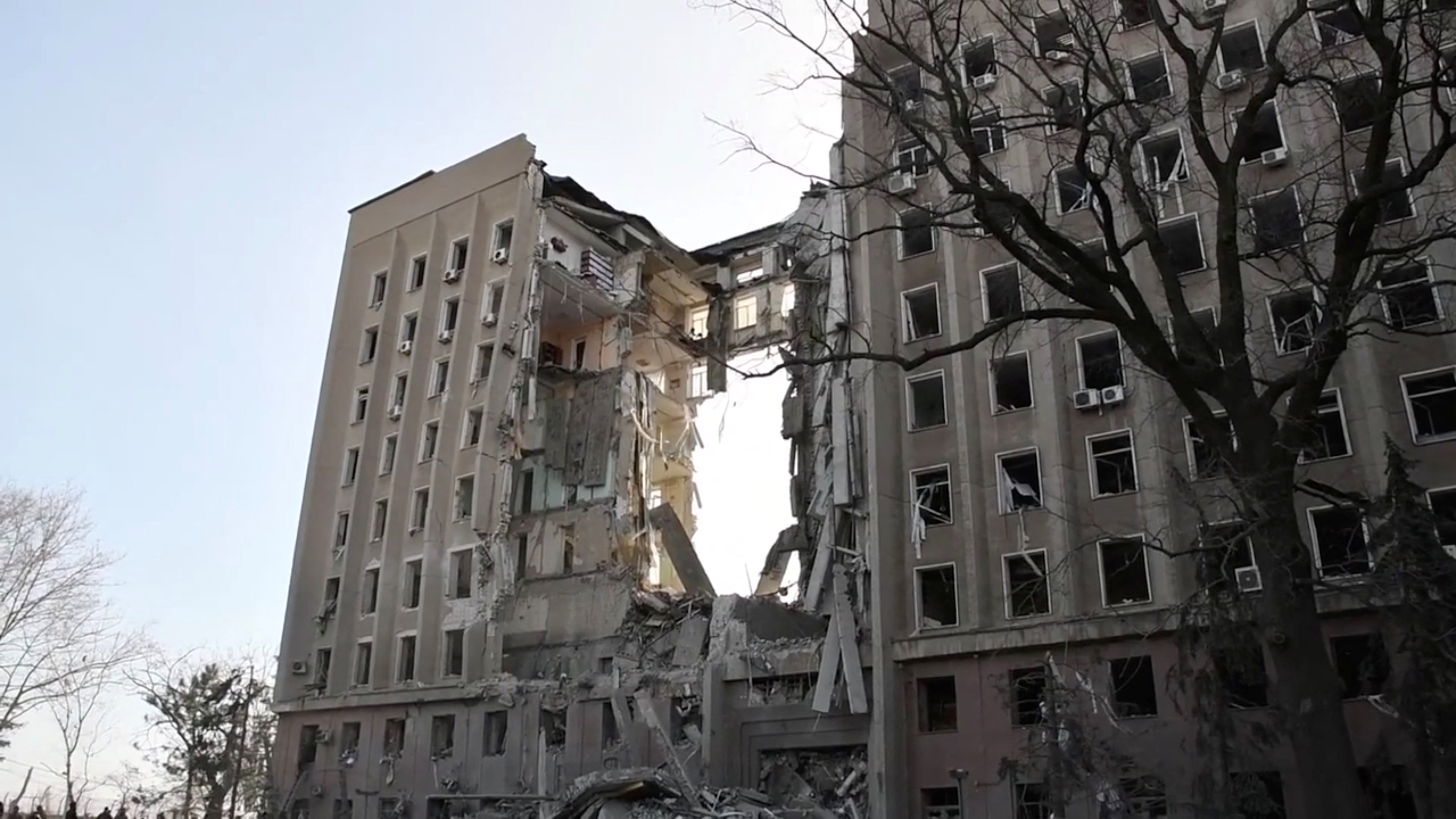 The regional administration building is seen damaged after it was hit by cruise missiles, as Russia's attack on Ukraine continues, in Mykolaiv, Ukraine in this still image taken from a video released