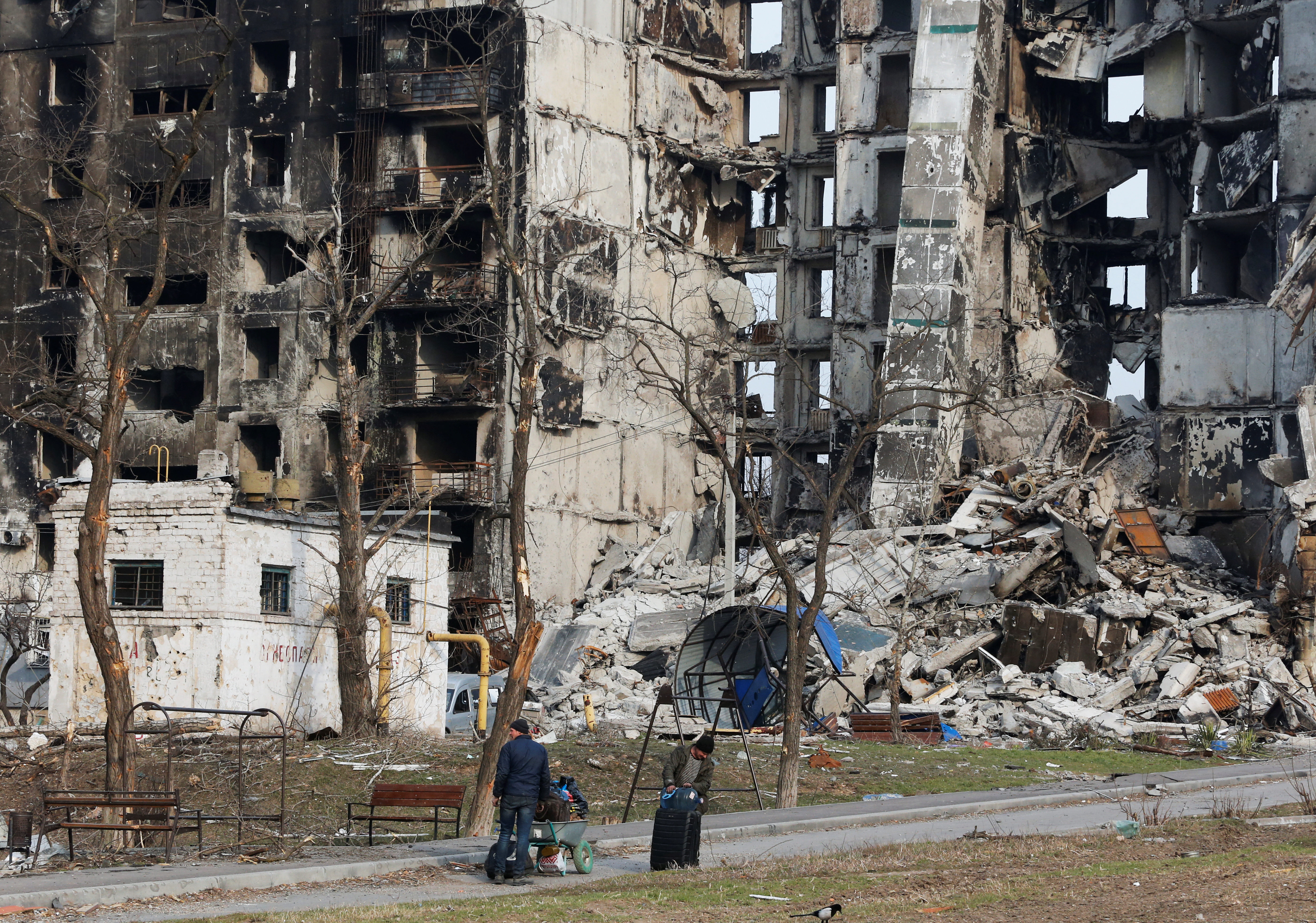 A view shows an apartment building destroyed during Ukraine-Russia conflict in the besieged southern port city of Mariupol, Ukraine.