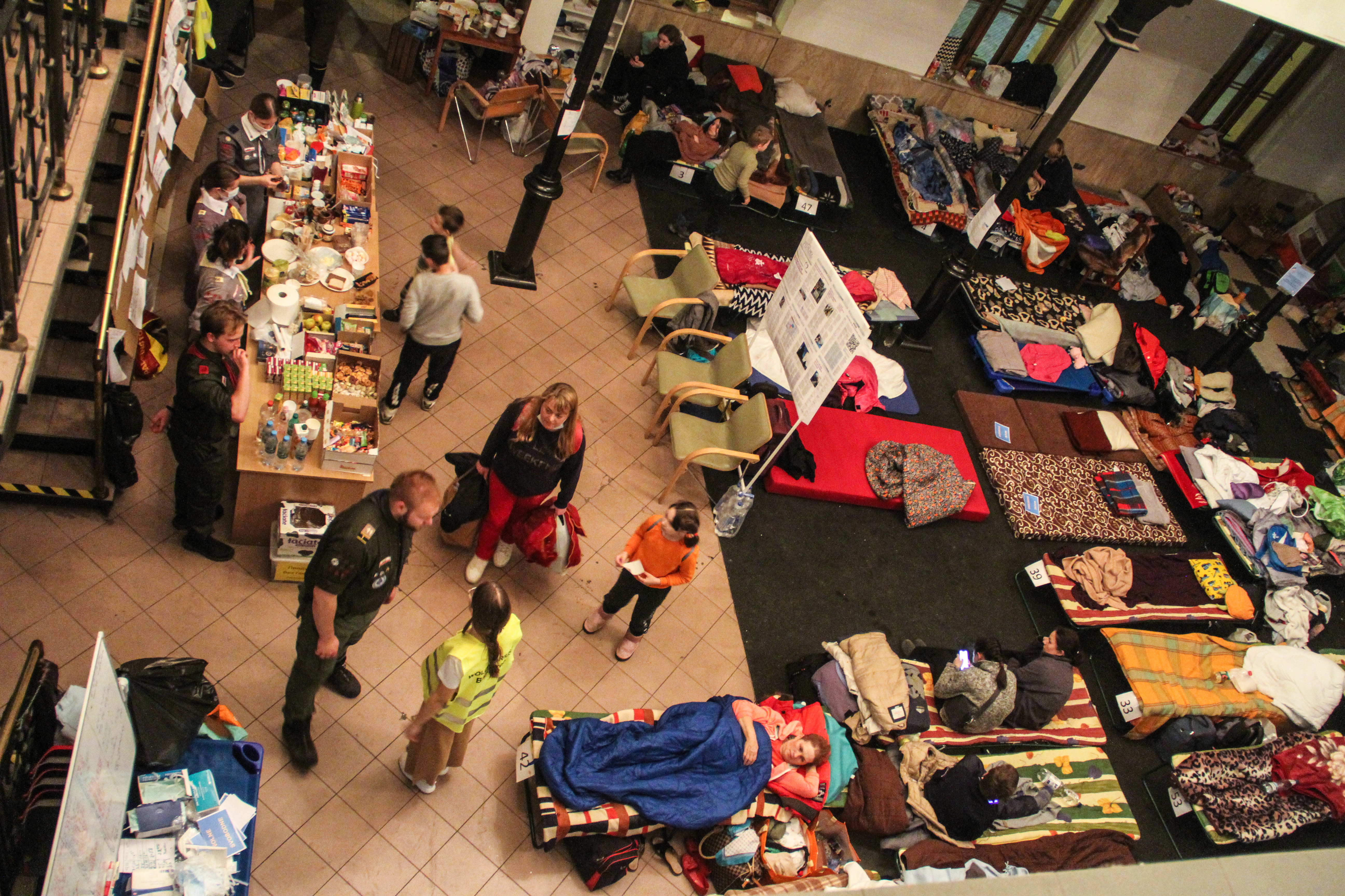 A provisional shelter for refugees at the Krakow main train station.