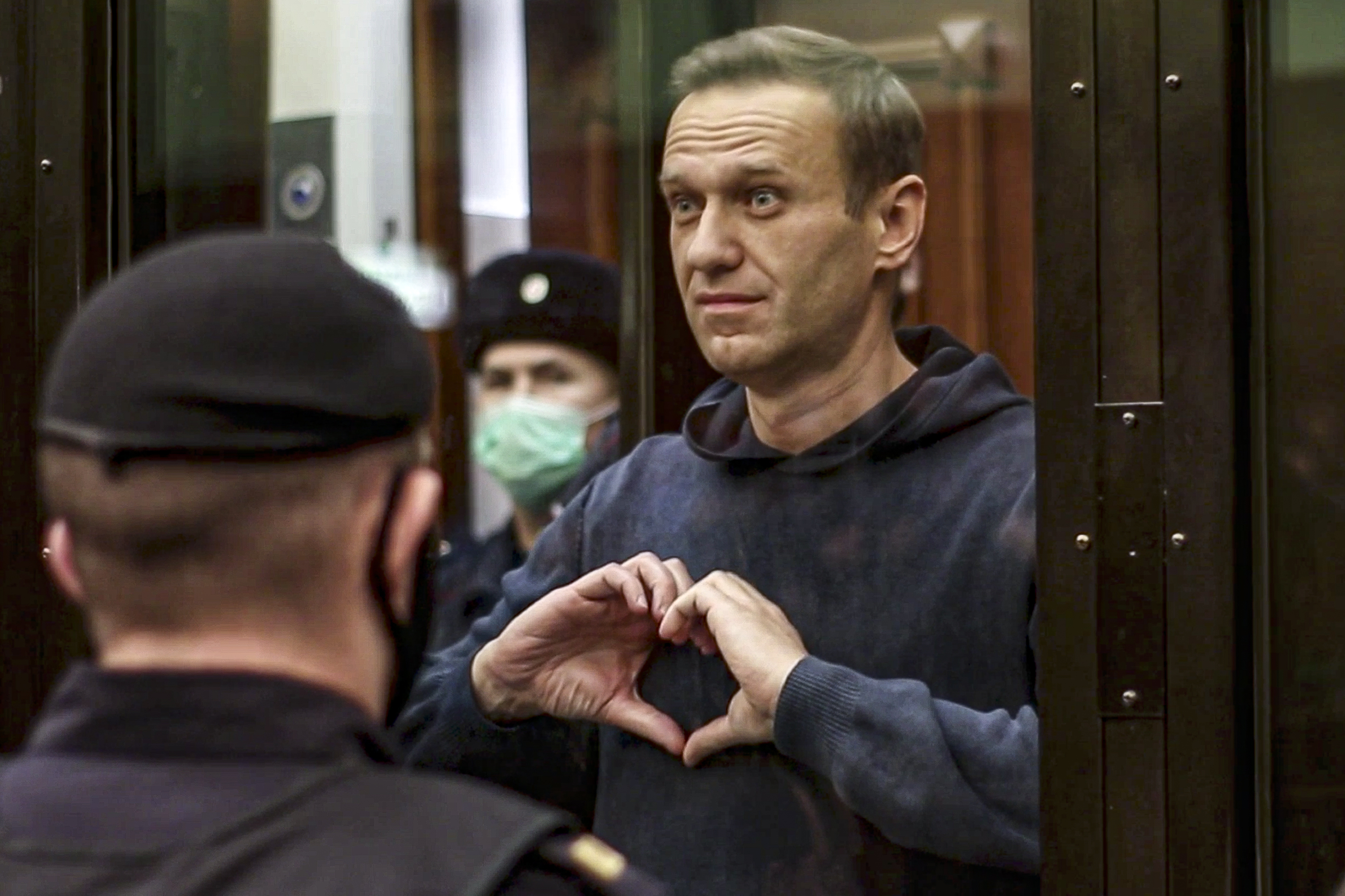 Alexey Navalny gestures in the Moscow City Court