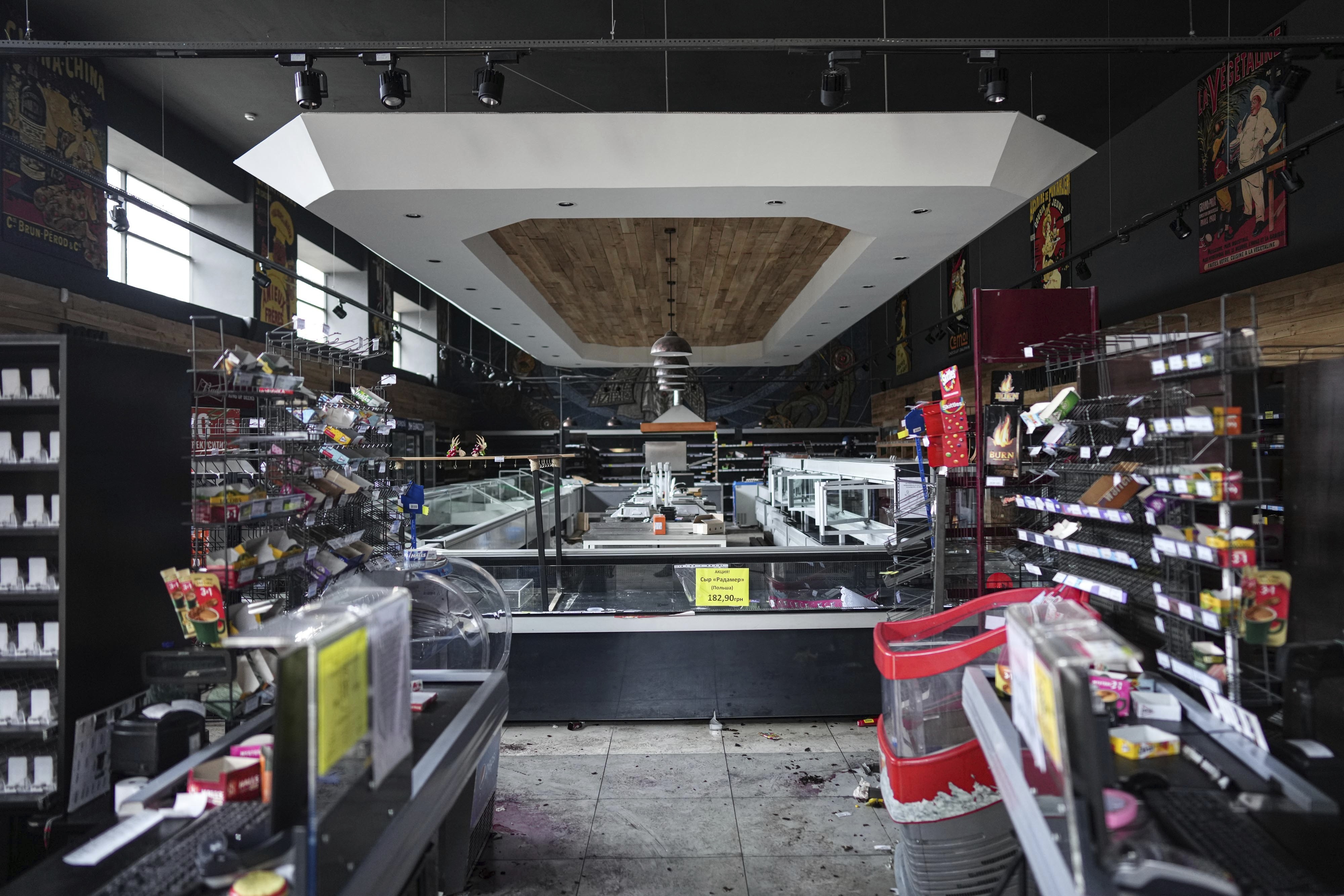 View of an abandoned supermarket in Mariupol