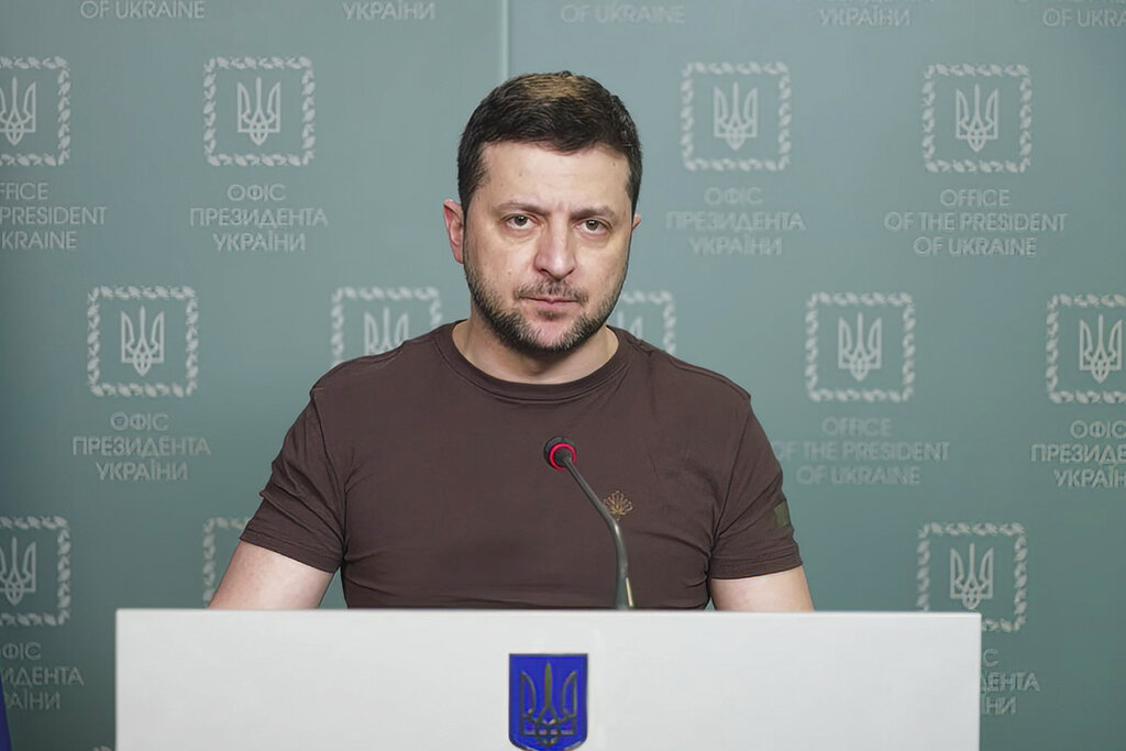 image from video provided by the Ukrainian Presidential Press Office and posted on Facebook, Ukrainian President Volodymyr Zelenskyy speaks in Kyiv.