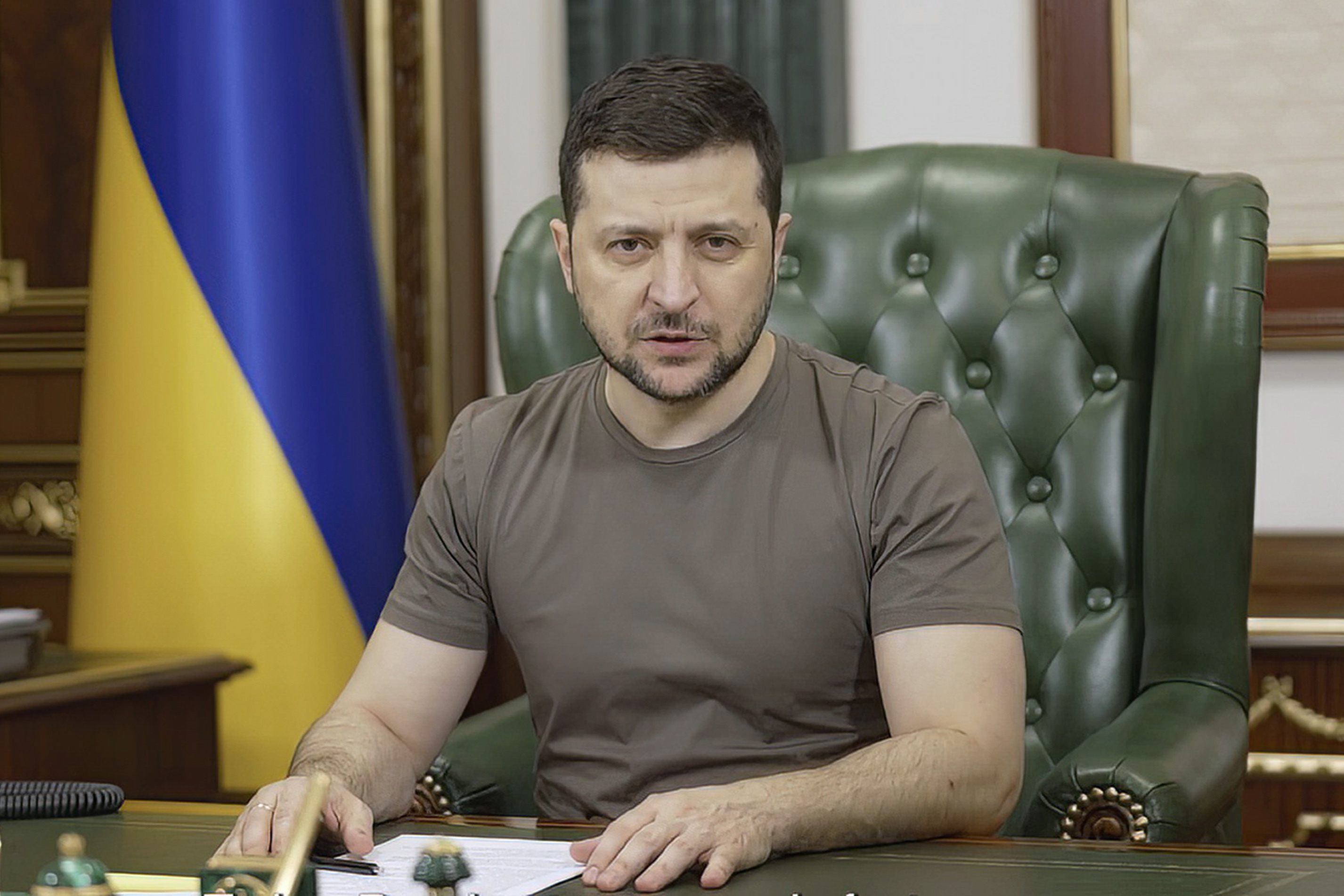 President Volodymyr Zelenskyy speaks in Kyiv, Ukraine.