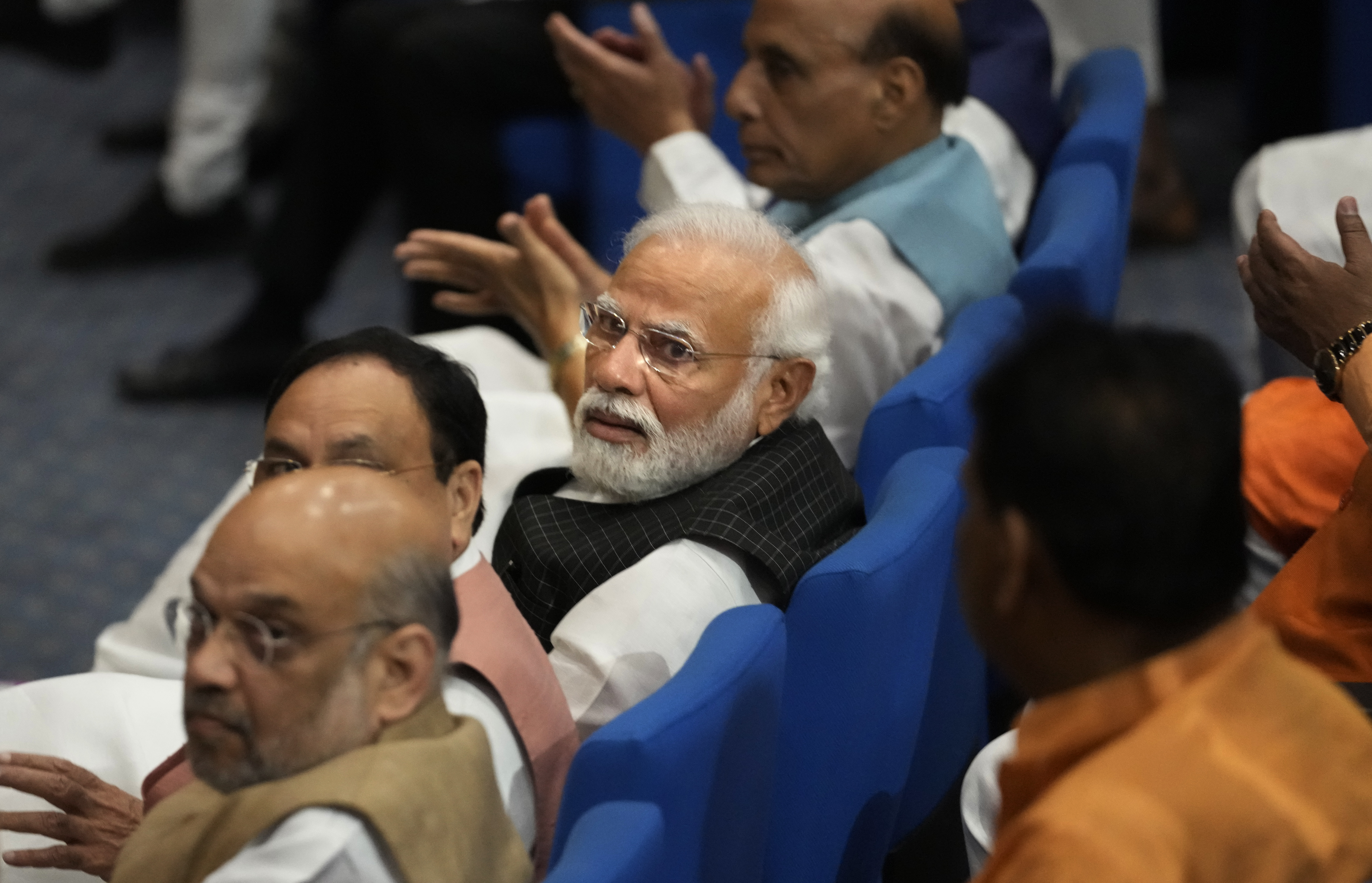 Indian Prime Minister Narendra Modi sits with senior Bhartiya Janata Party attend parliamentary committee