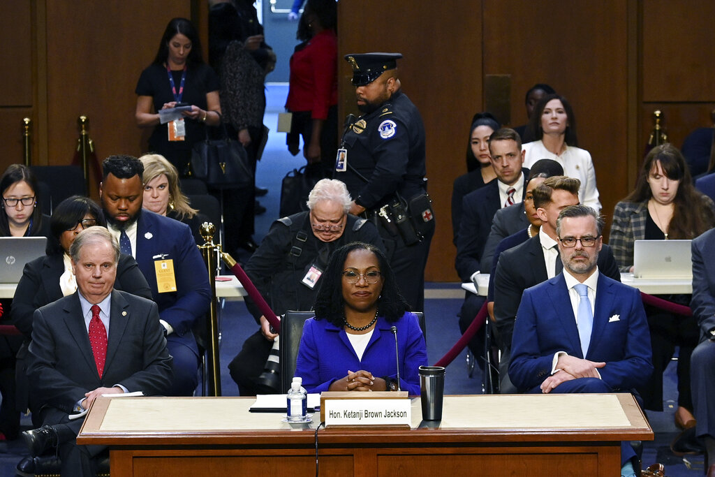 Supreme Court nominee Ketanji Brown Jackson listens to opening statements during her confirmation hearing before the Senate Judiciary Committee
