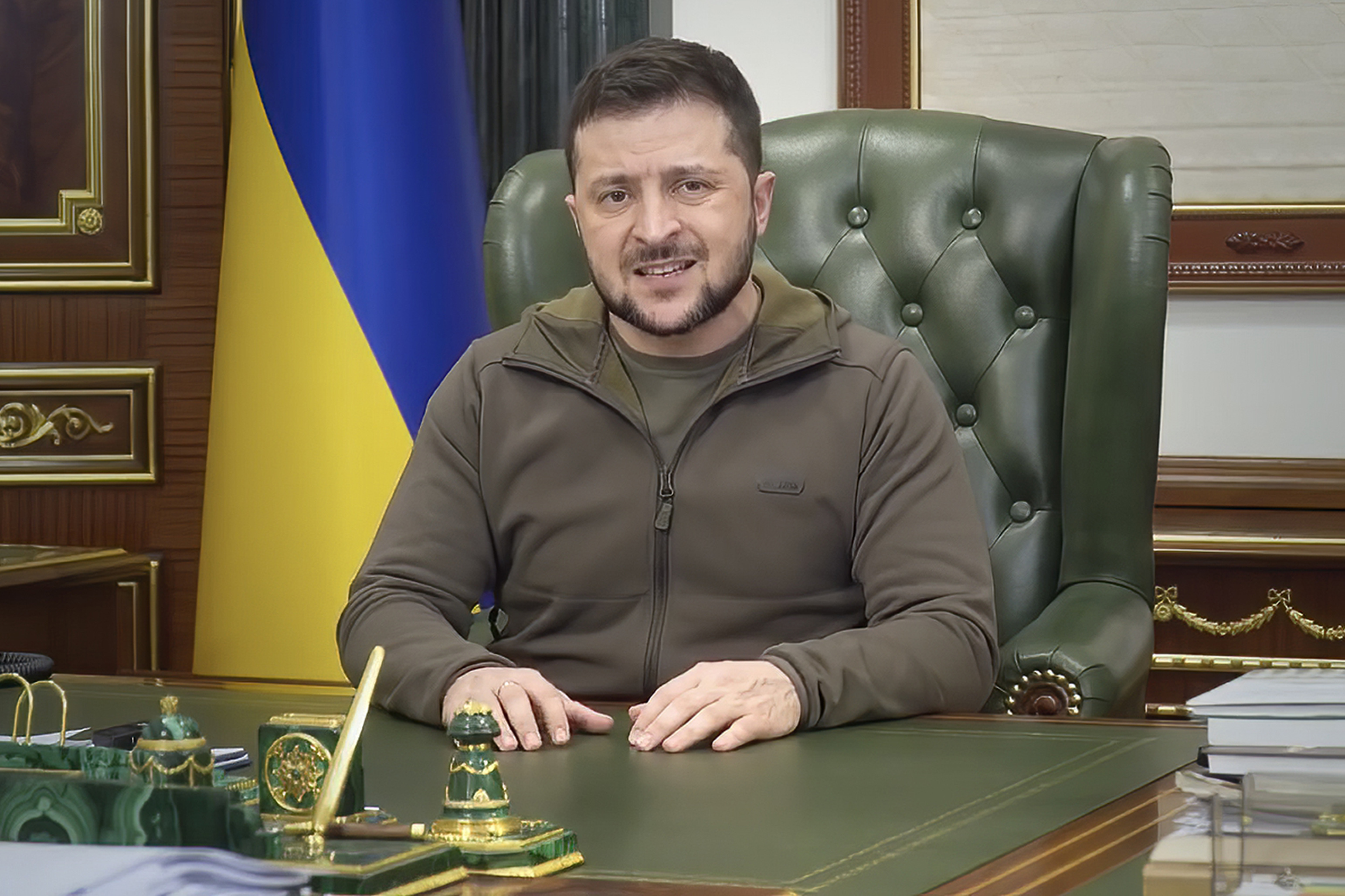 In this image from video provided by the Ukrainian Presidential Press Office, Ukrainian President Volodymyr Zelenskyy speaks from Kyiv, Ukraine, 