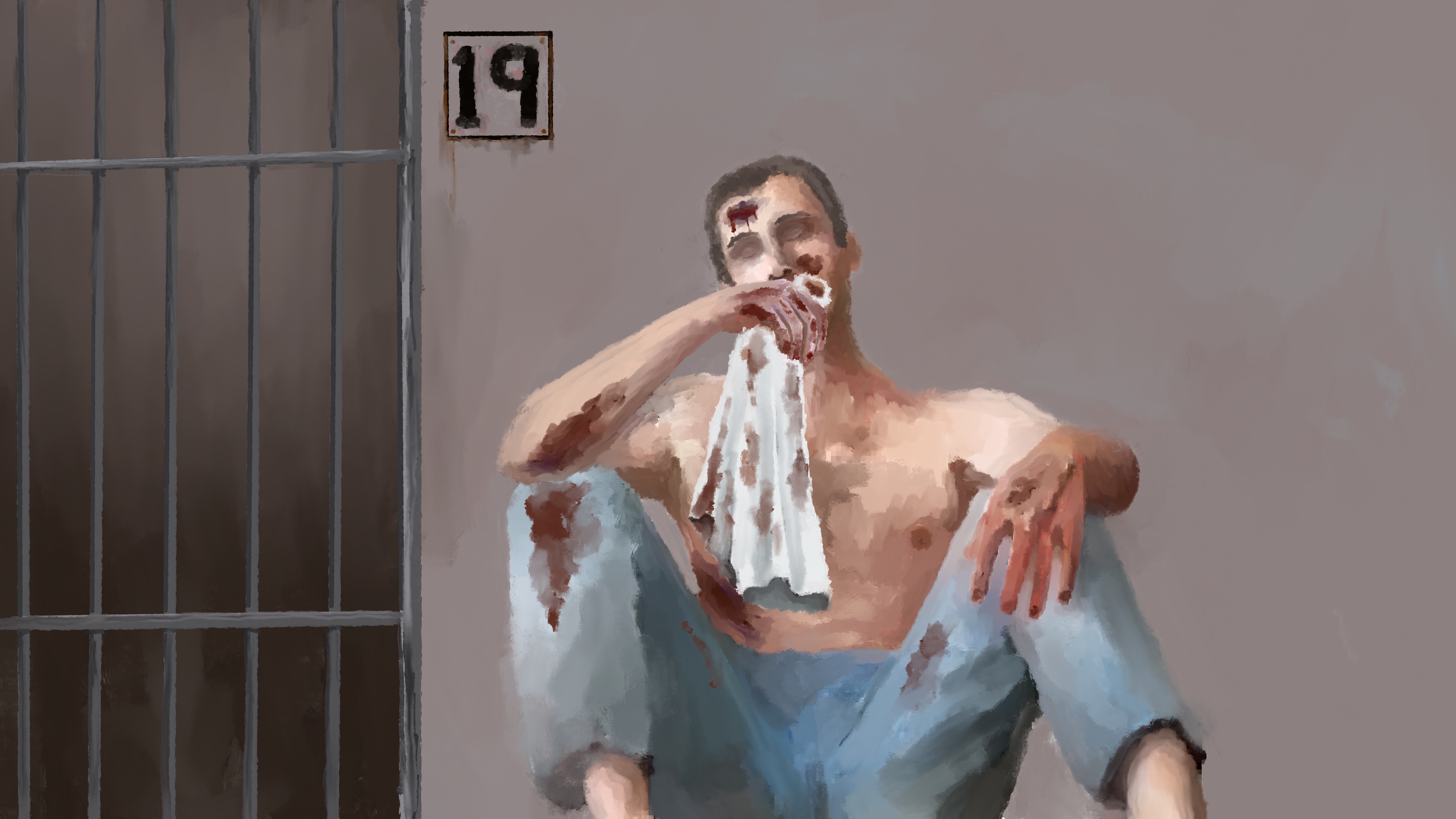 Drawing of a man in a prison cell