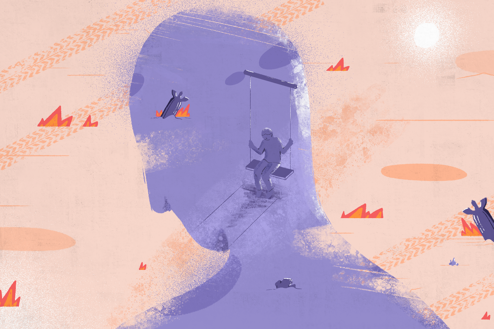 Drawing of a child on a swing, with conflict surrounding them