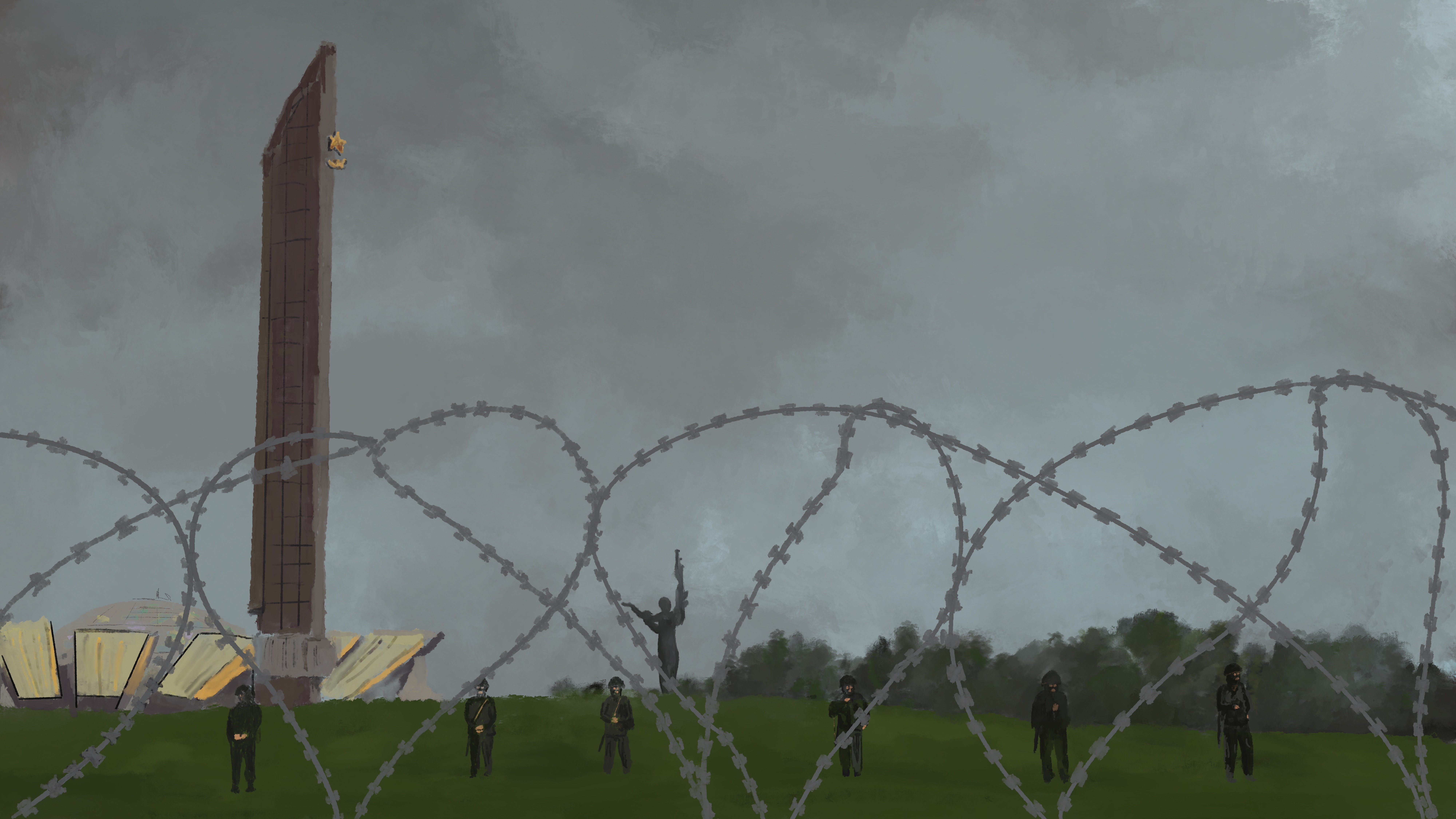 An illustration of barbed wire with 5 soldiers on the other side.