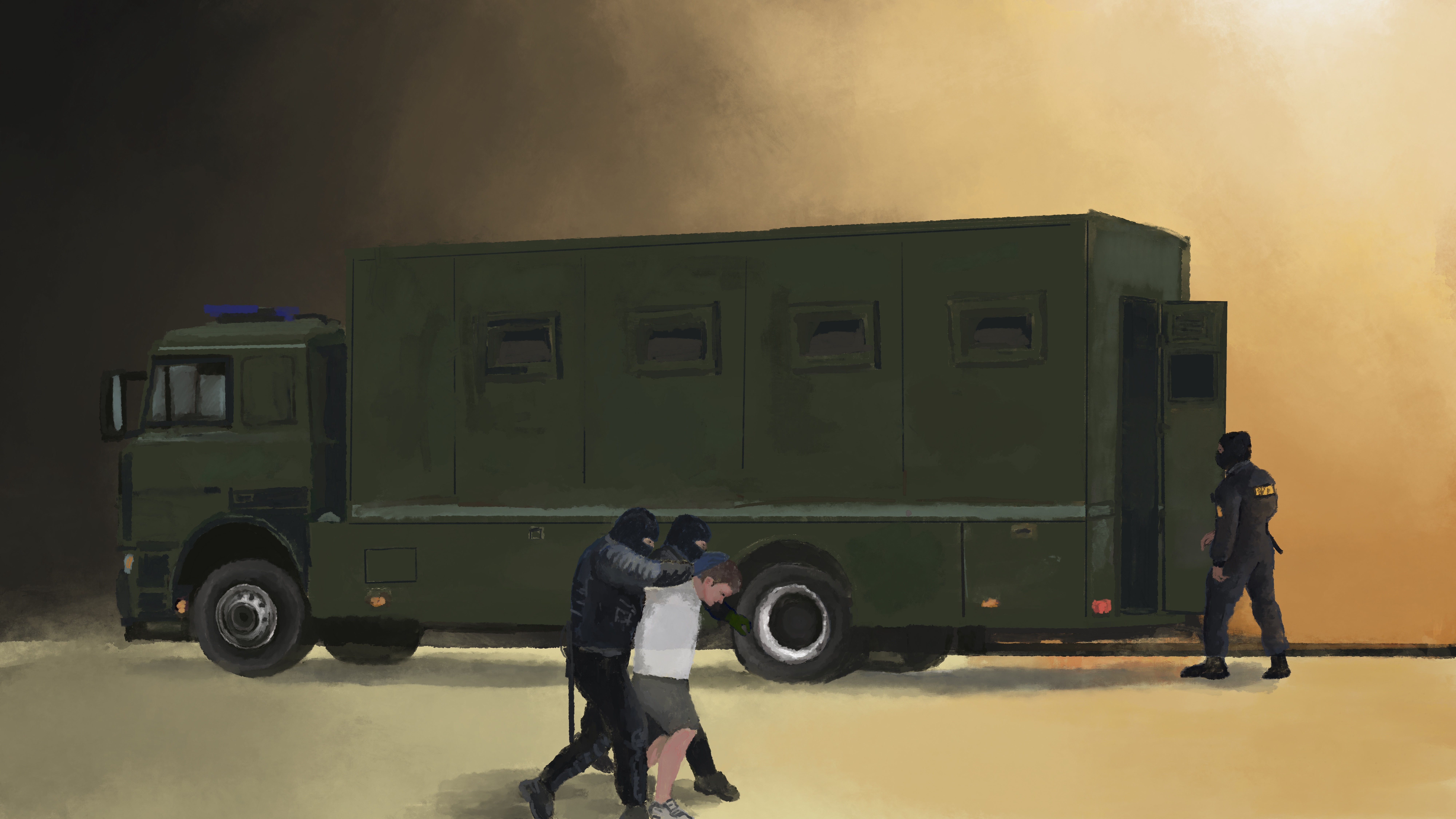 An illustration of a police truck with a police officer at the end of the truck with the door open and another police officer restraining a protester and pushing them towards the door at the back of the truck.