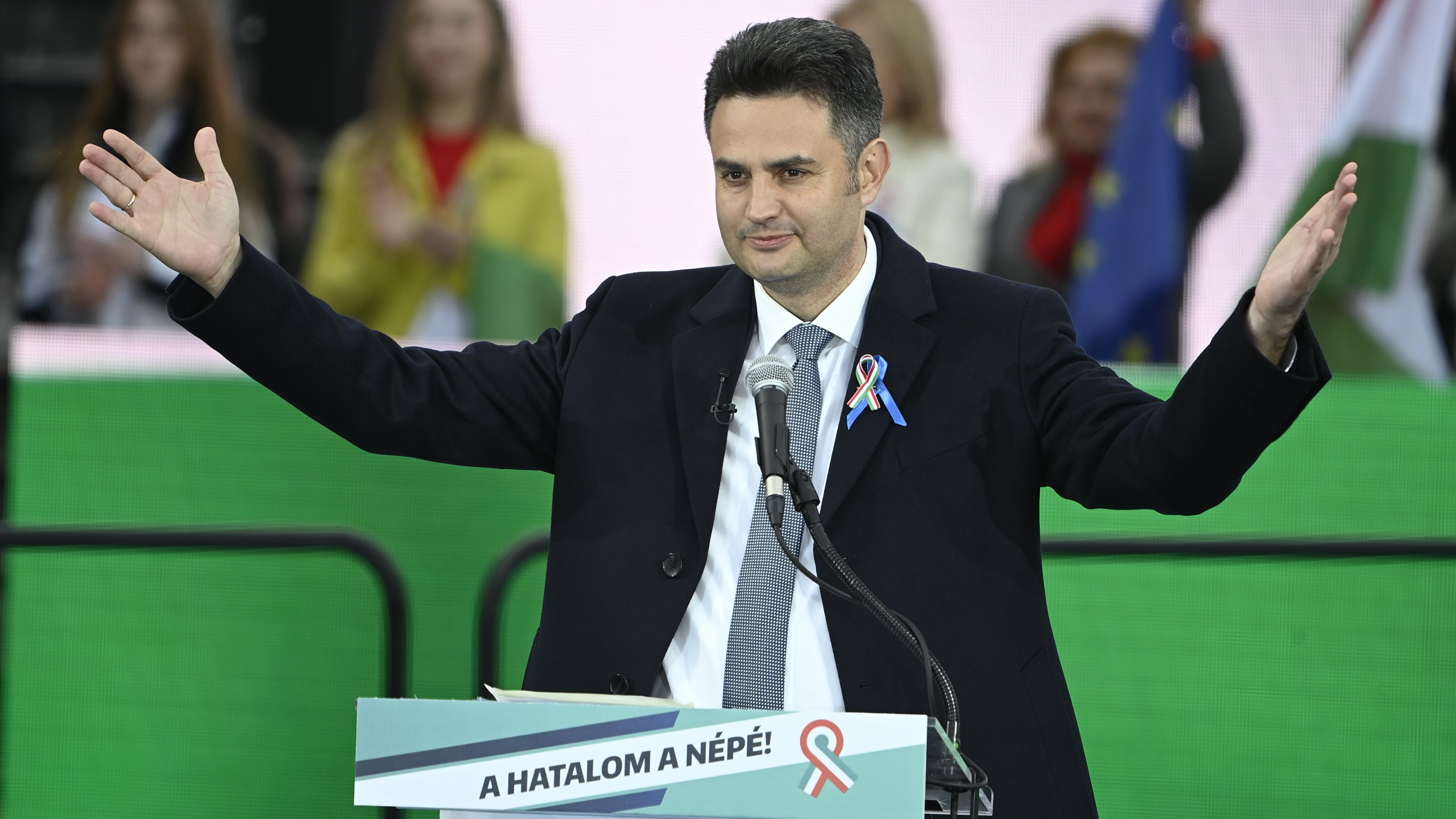 Prime ministerial candidate of the united opposition Peter Marki-Zay addresses his supporters during a rally of the Hungarian opposition alliance