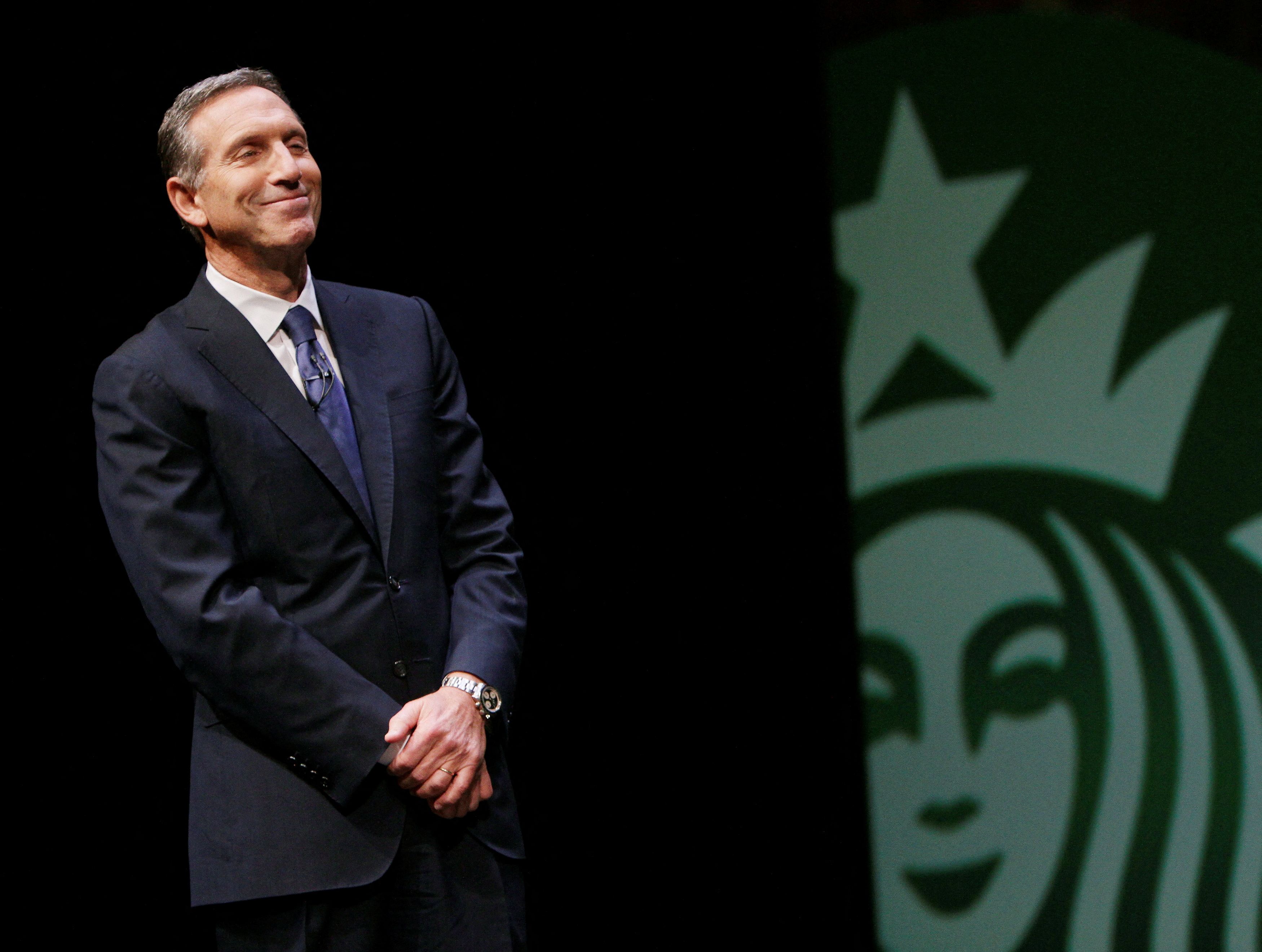 Starbucks's Howard Schultz looks on during its annual meeting of shareholders in Seattle, Washington