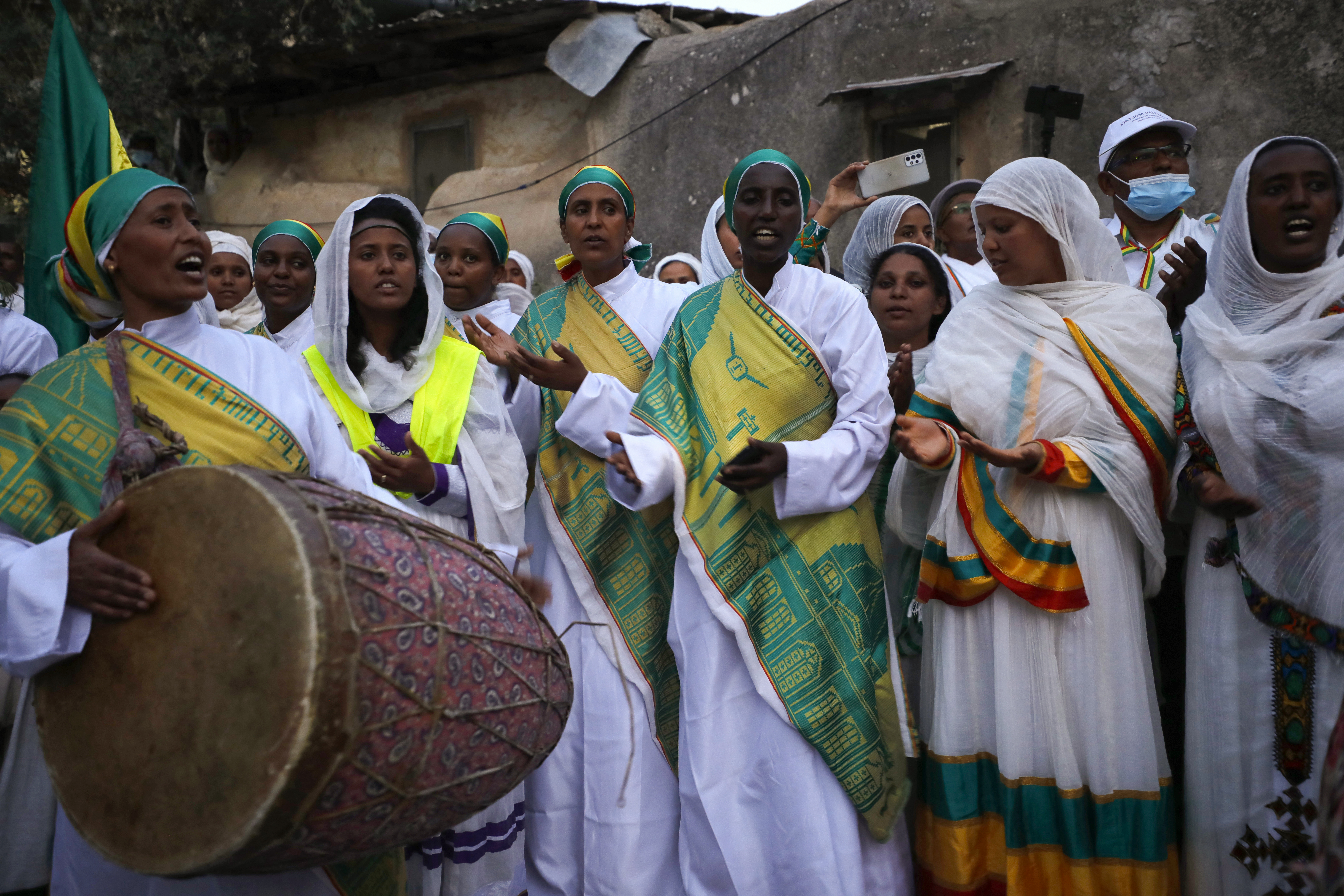 Ethiopian Orthodox Christian pilgrims gather ahead of a ceremony of the "Holy Fire" at the Deir Al-Sultan Monastery on the roof of the Holy Sepulchre Church in Jerusalem's Old City