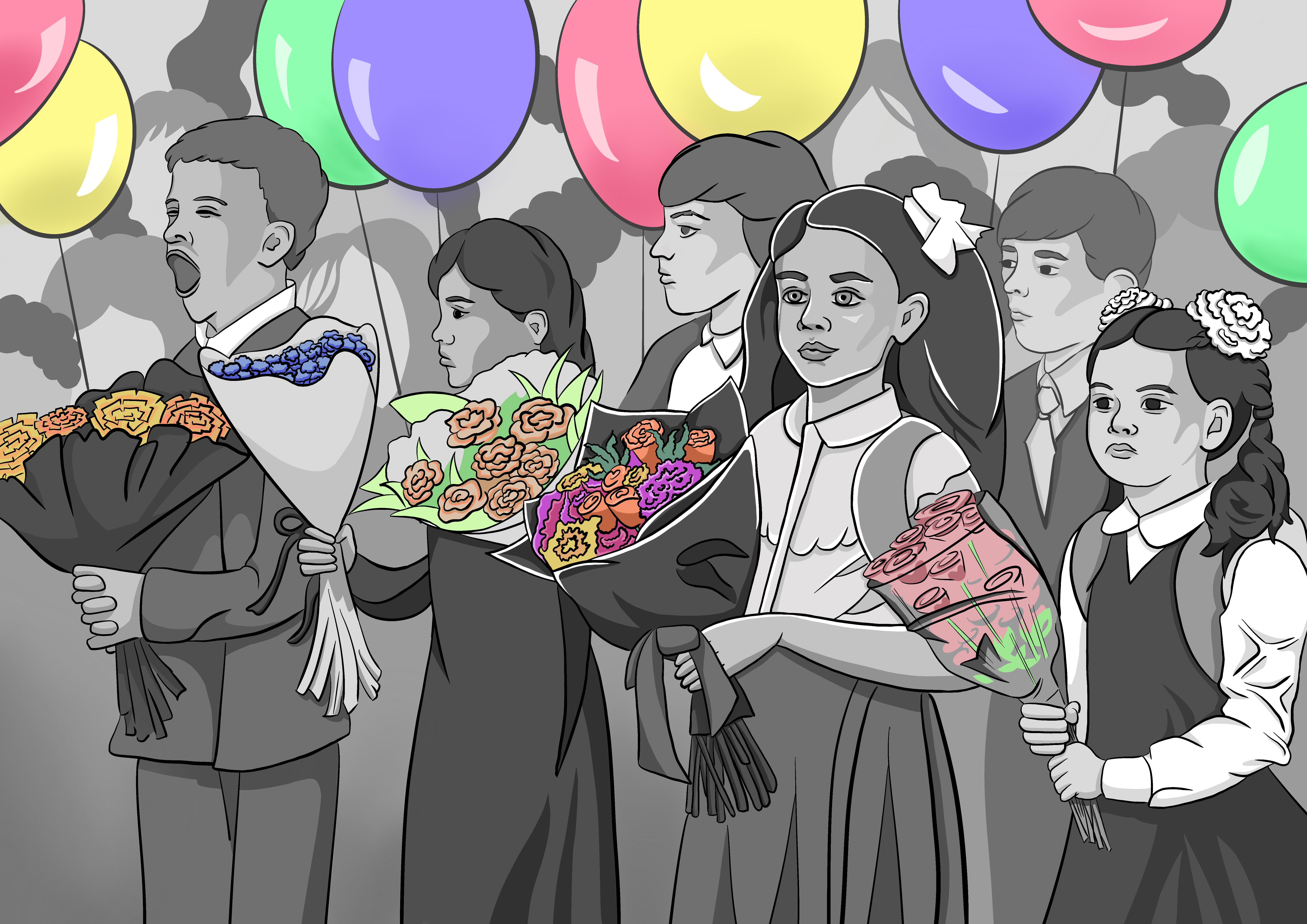 An illustration of children holding bouquets of flowers with balloons in the back.