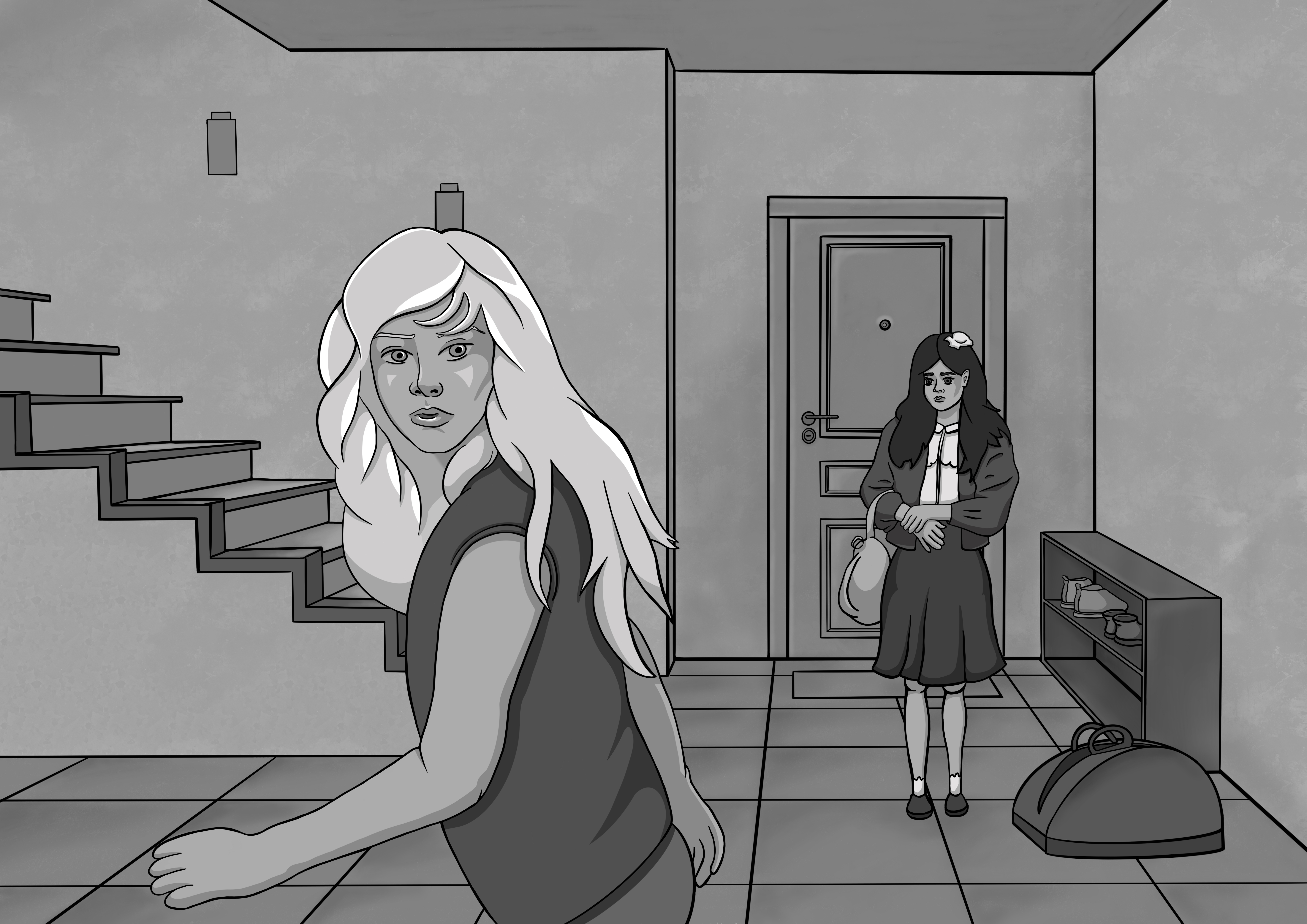 An illustration of a woman walking next to stairs and another woman entering the room.