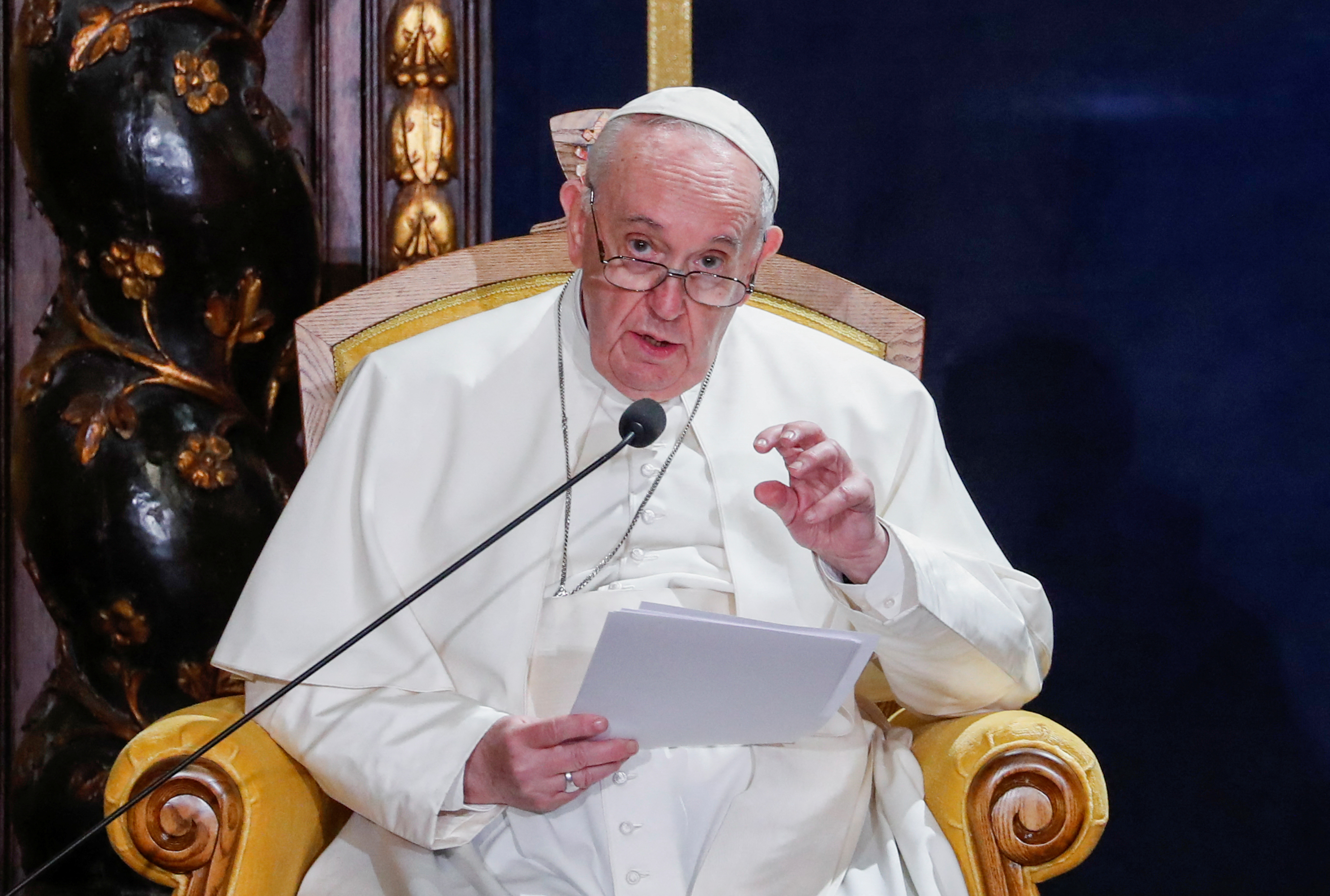 Pope Francis speaks in the “Ambassadors' Chamber” of the Grand Master’s Palace in Valletta, Malta