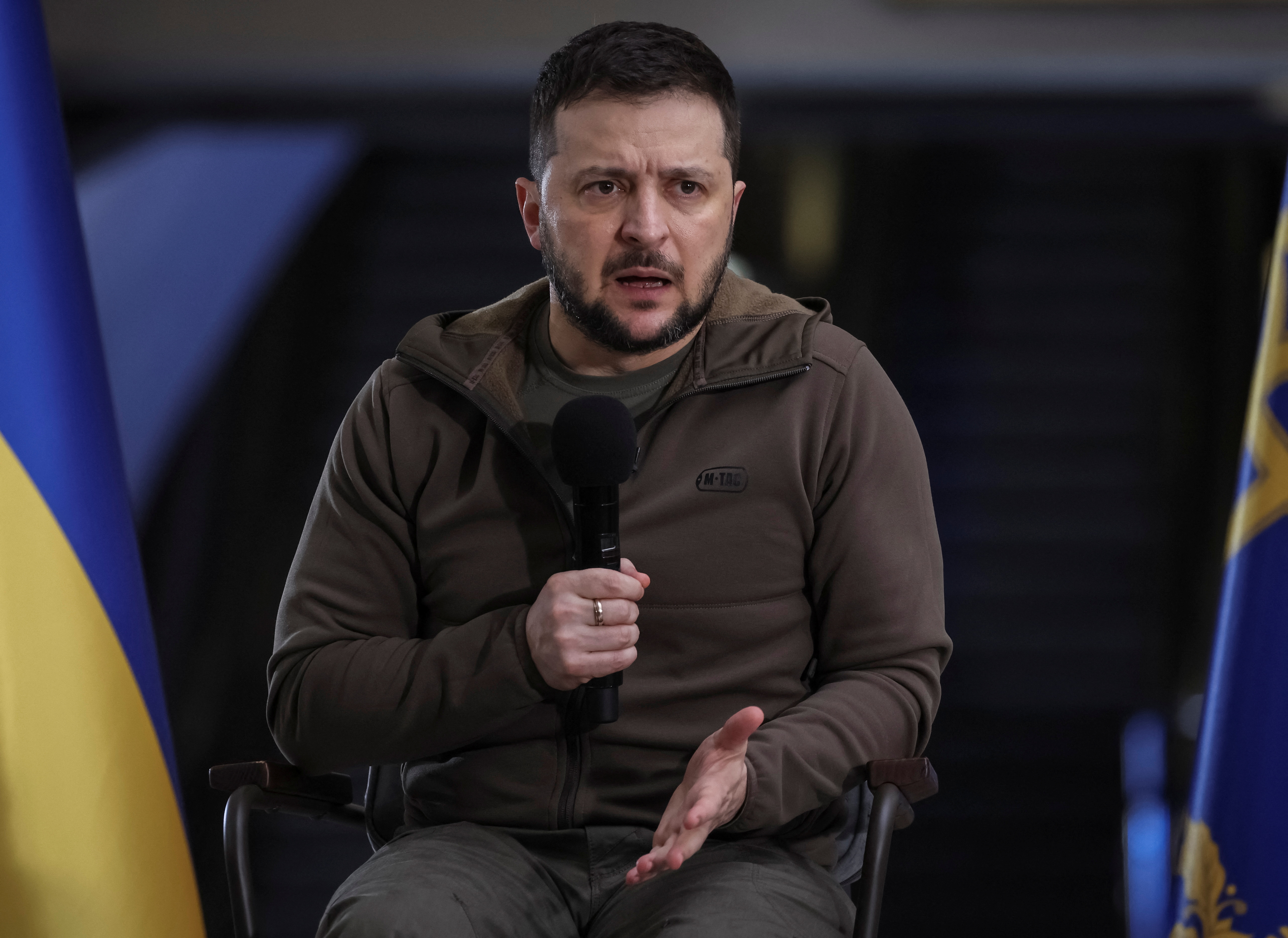 Ukraine's President Volodymyr Zelenskyy attends a news conference at a metro station in Kyiv