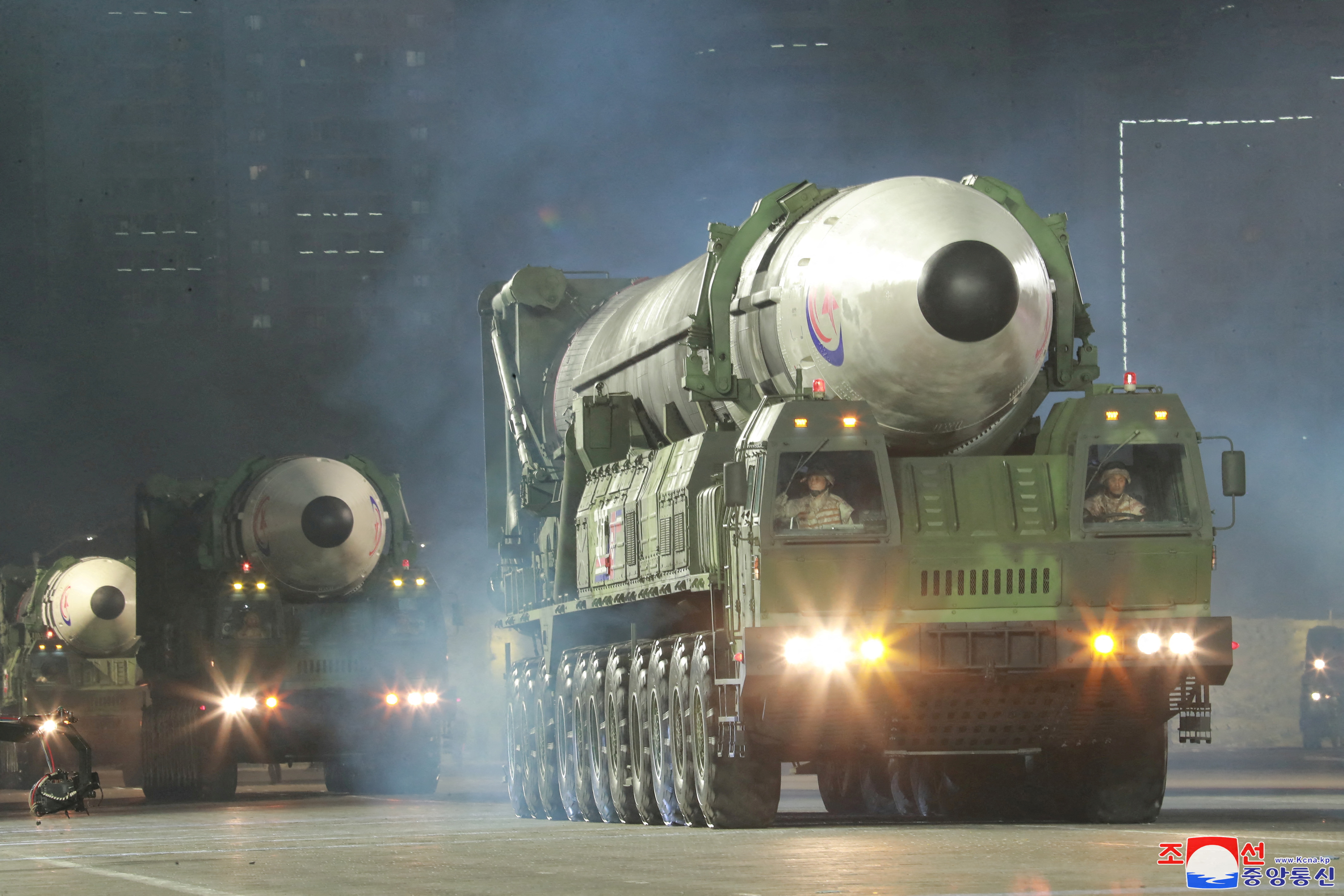 The Hwasong-17 displayed in North Korea's night time parade