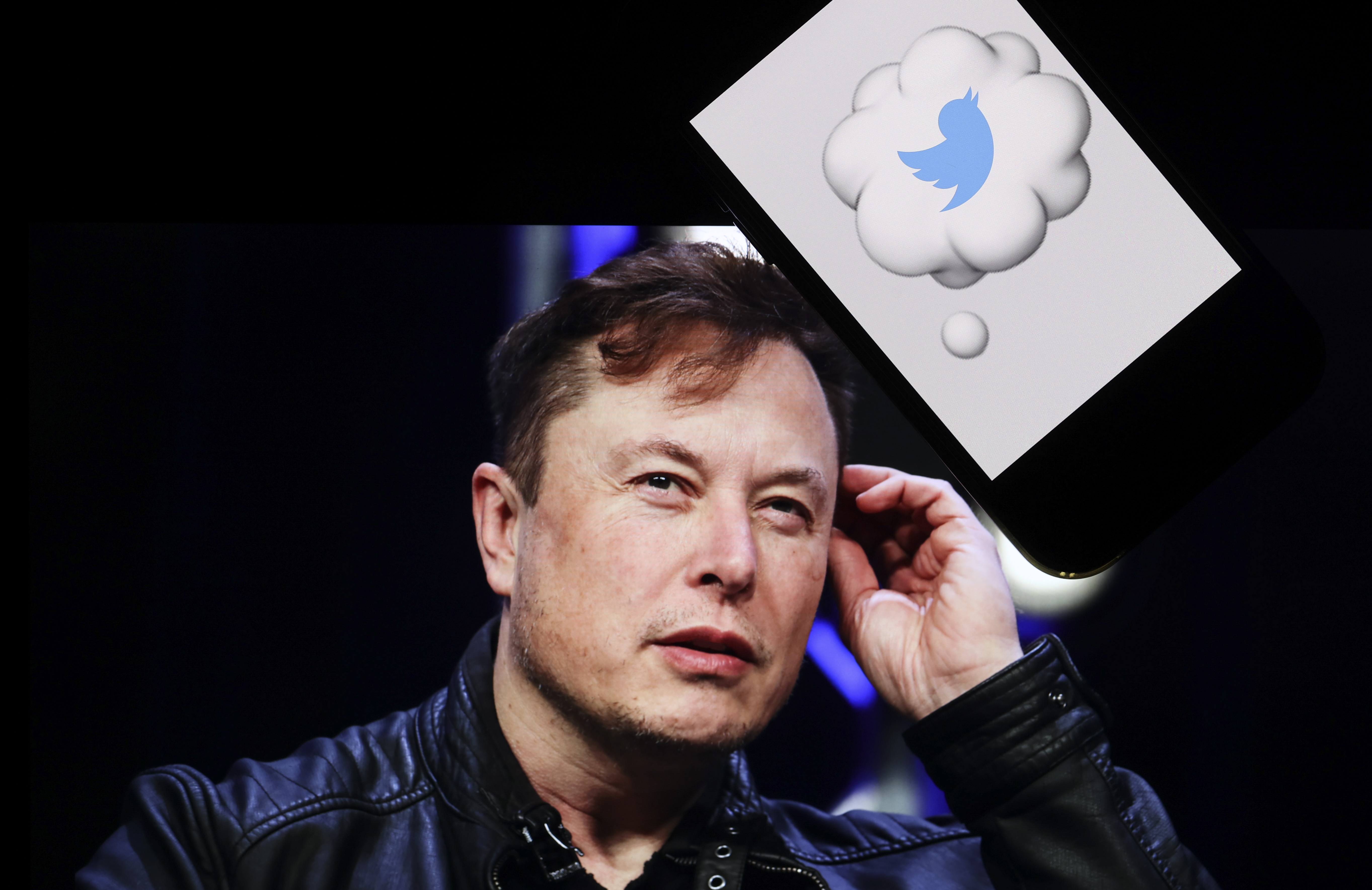 Elon Musk's image is seen next to a Twitter icon