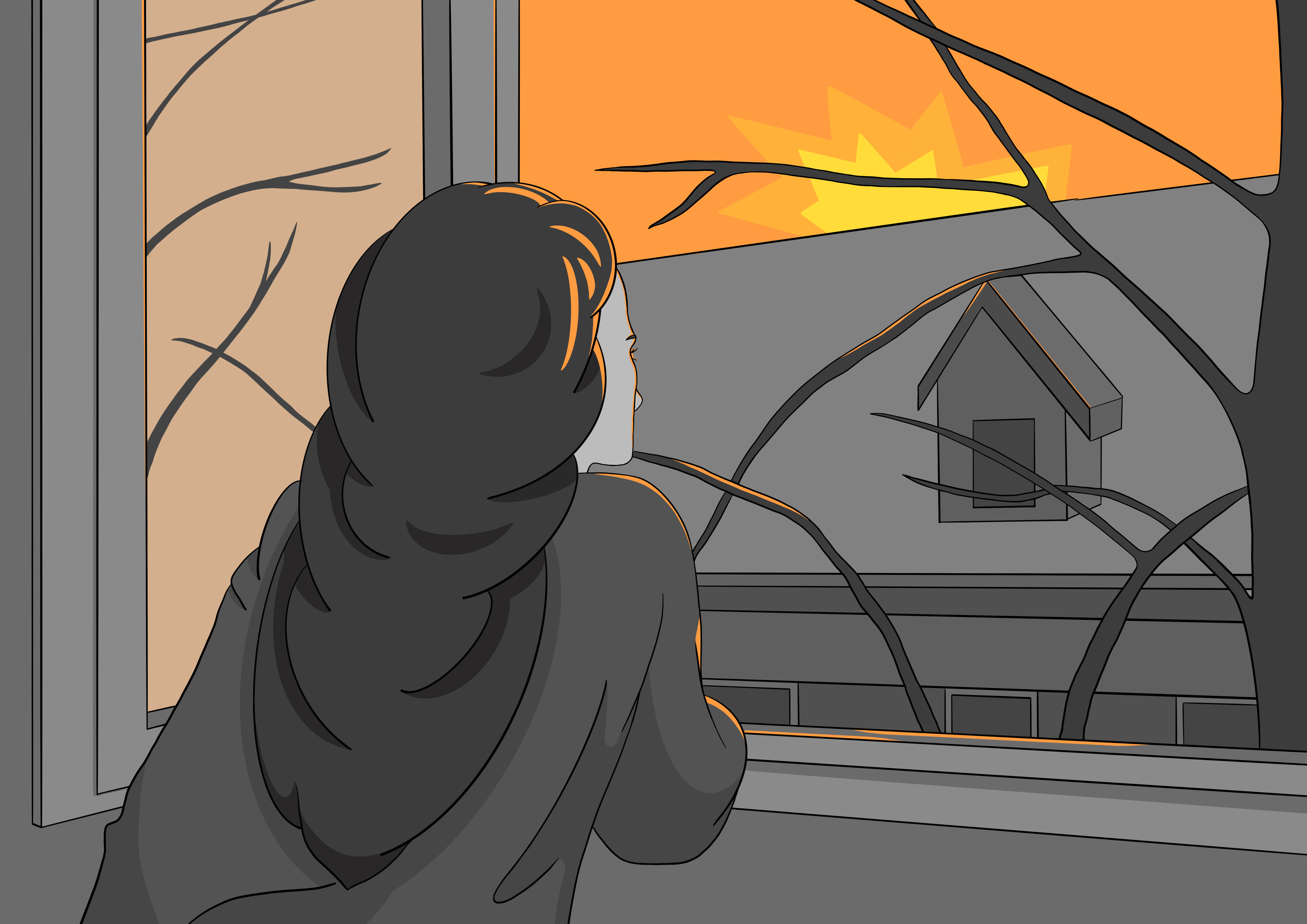 A woman looking outside her window at a setting sun.
