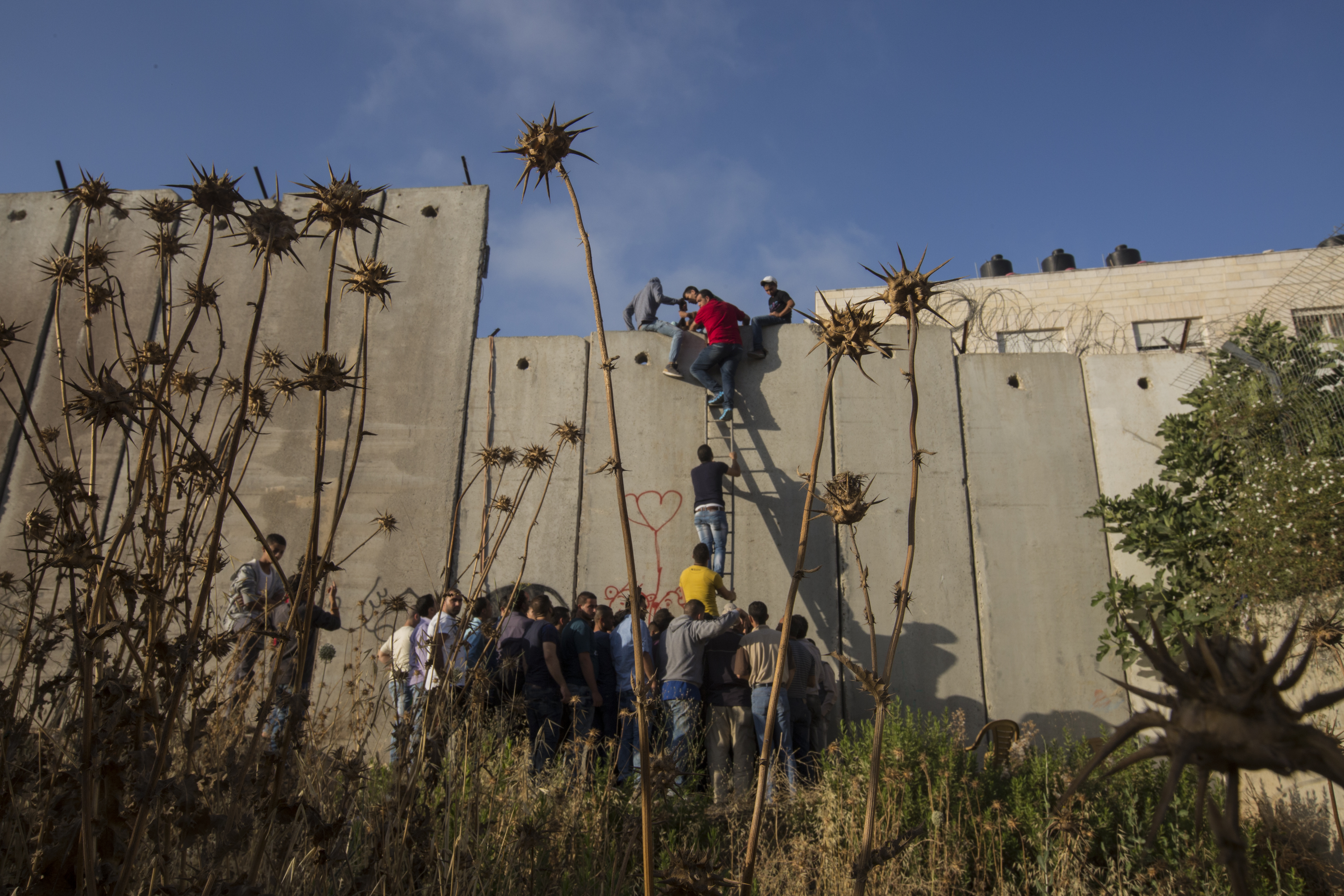 Palestinians scale Israel's separation wall