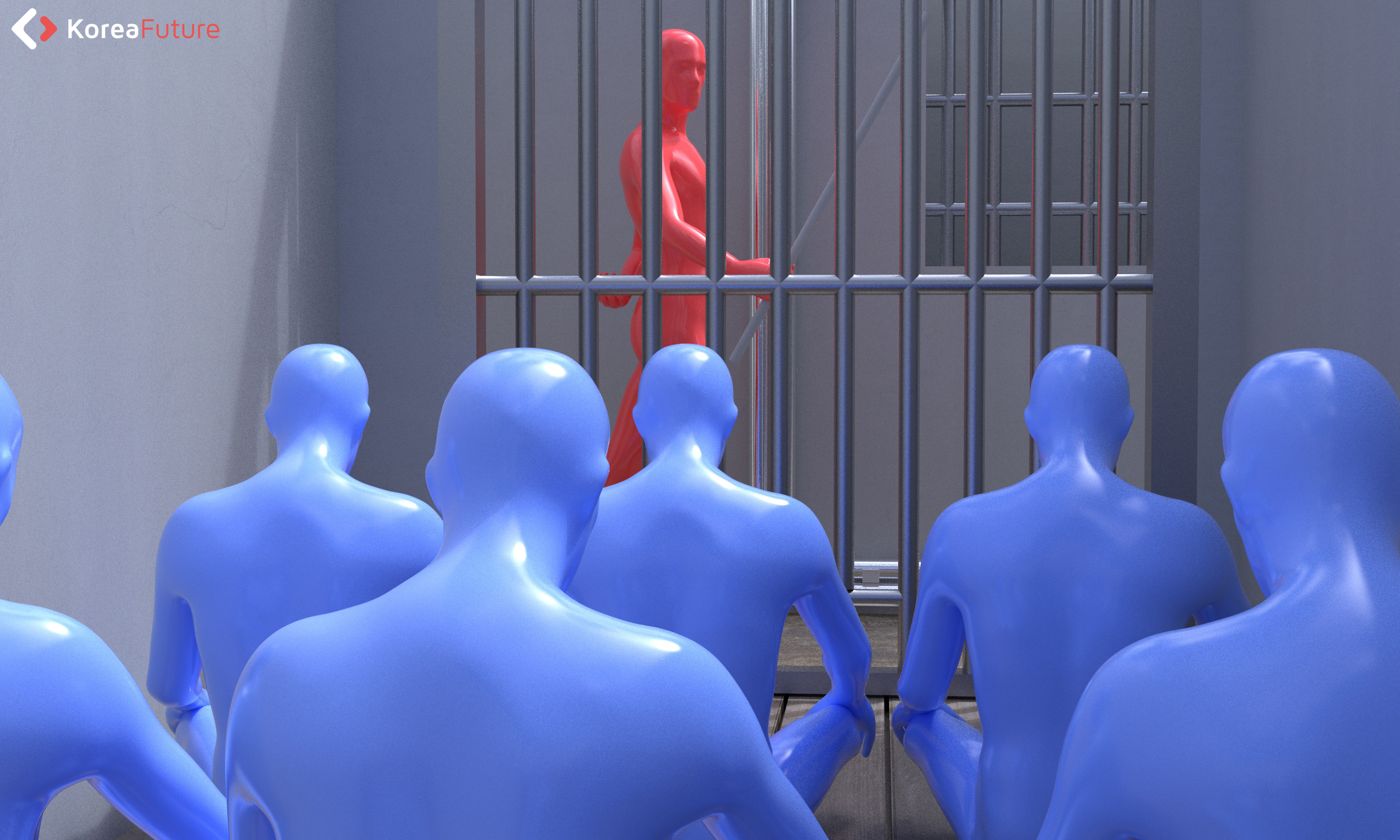An illustration showing prisoners held in a single cell watched over by a guard in North Korea