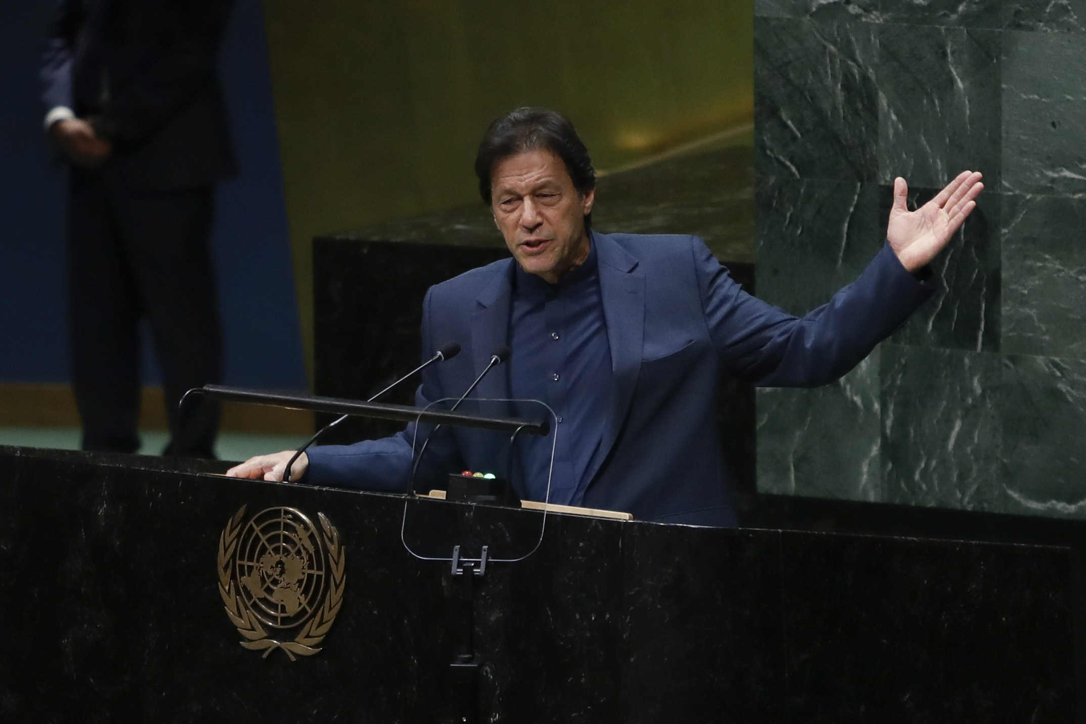 Pakistani Prime Minister Imran Khan addresses the 74th session of the United Nations General Assembly, Friday, Sept. 27, 2019,