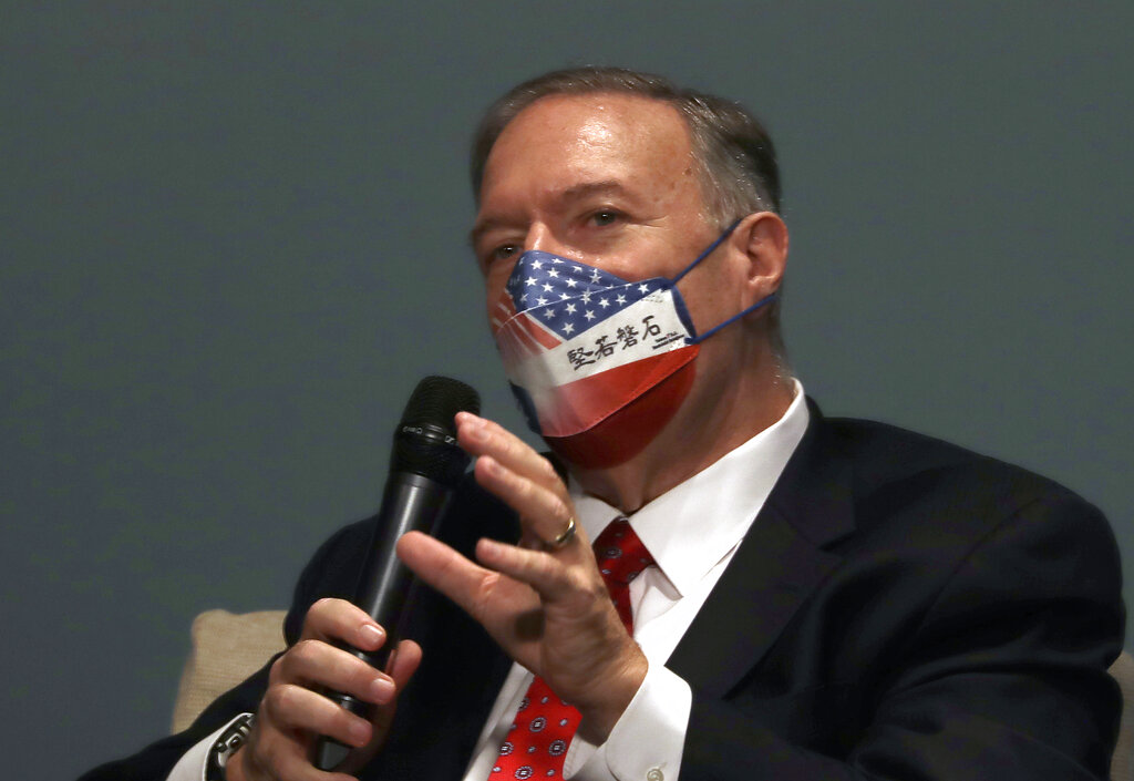 Former U.S. Secretary of State Mike Pompeo answers to journalists at a media event during his four-day trip to Taiwan in Taipei, Taiwan,.