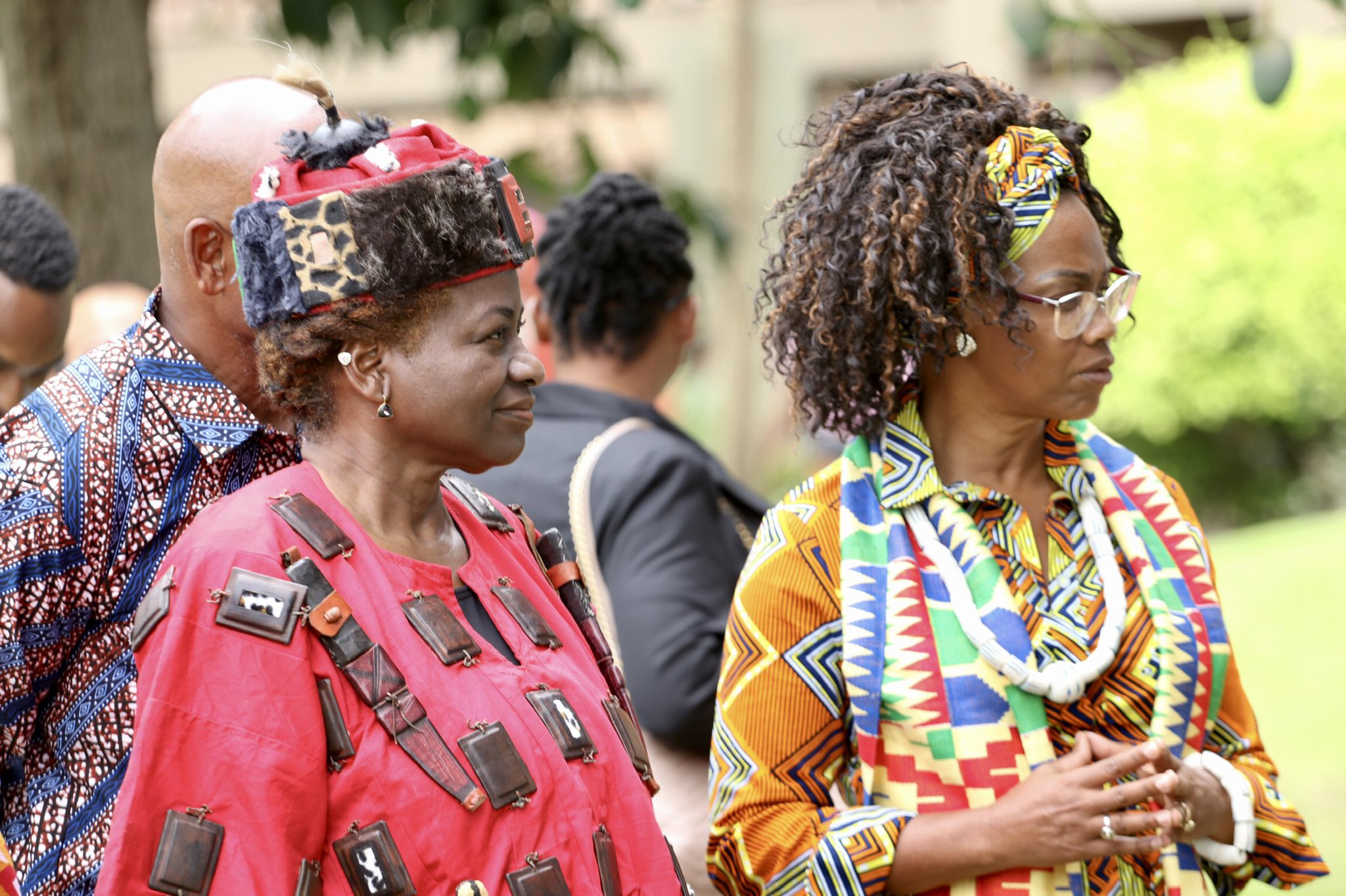 UN Under Secretary-General & Executive Director of UNFPA Natalia Kanem and visiting Costa Rican Vice-President Epsy Campbell Barr, welcomed by His Royal Majesty Odeneho Kwafo Akoto III, King of Akwamu in eastern Ghana