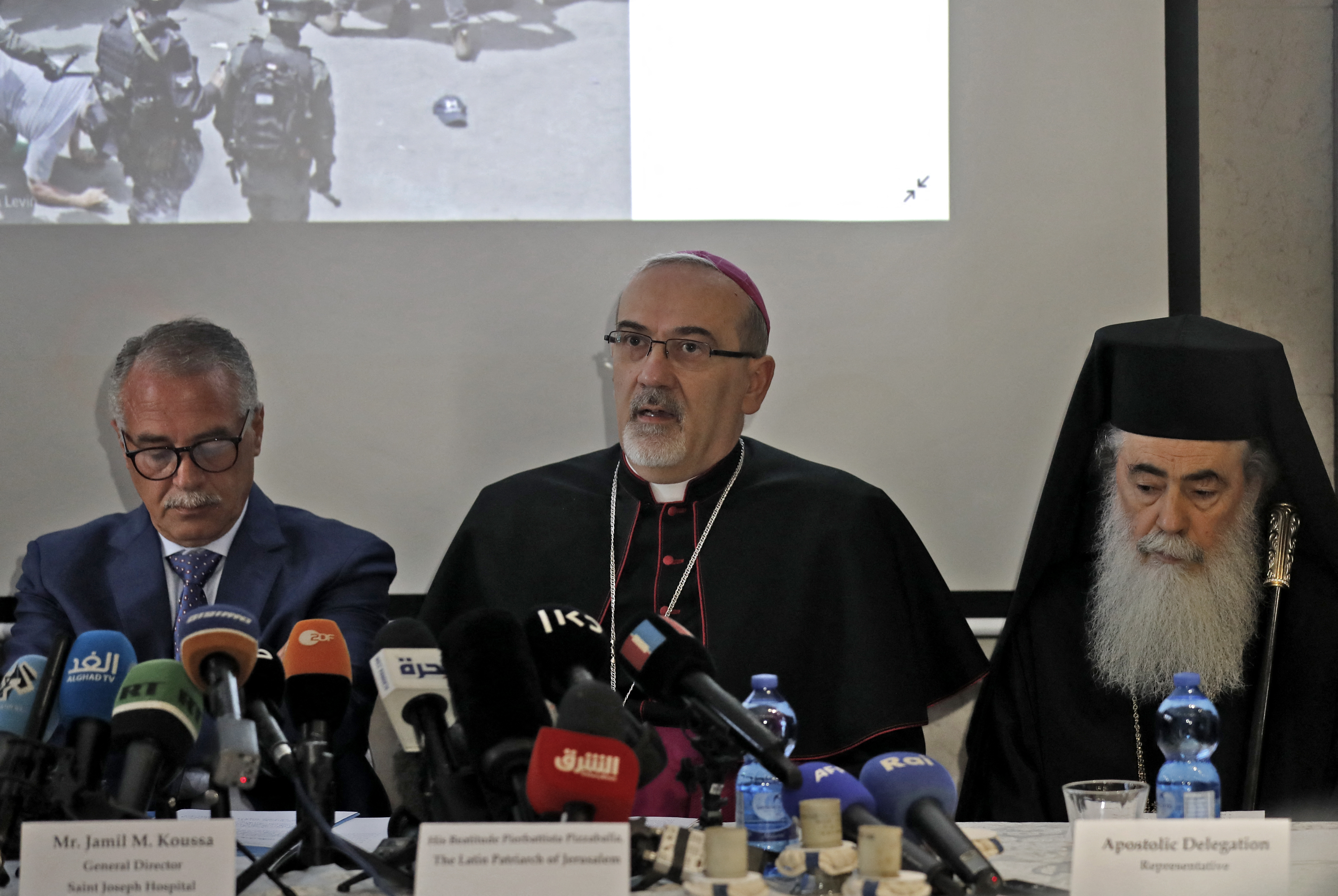 Latin Patriarch of Jerusalem Pierbattista Pizzaballa, accompanied by Greek Orthodox Patriarch of Jerusalem Theophilos III and General Director of Saint Joseph Hospital Jamil Koussa