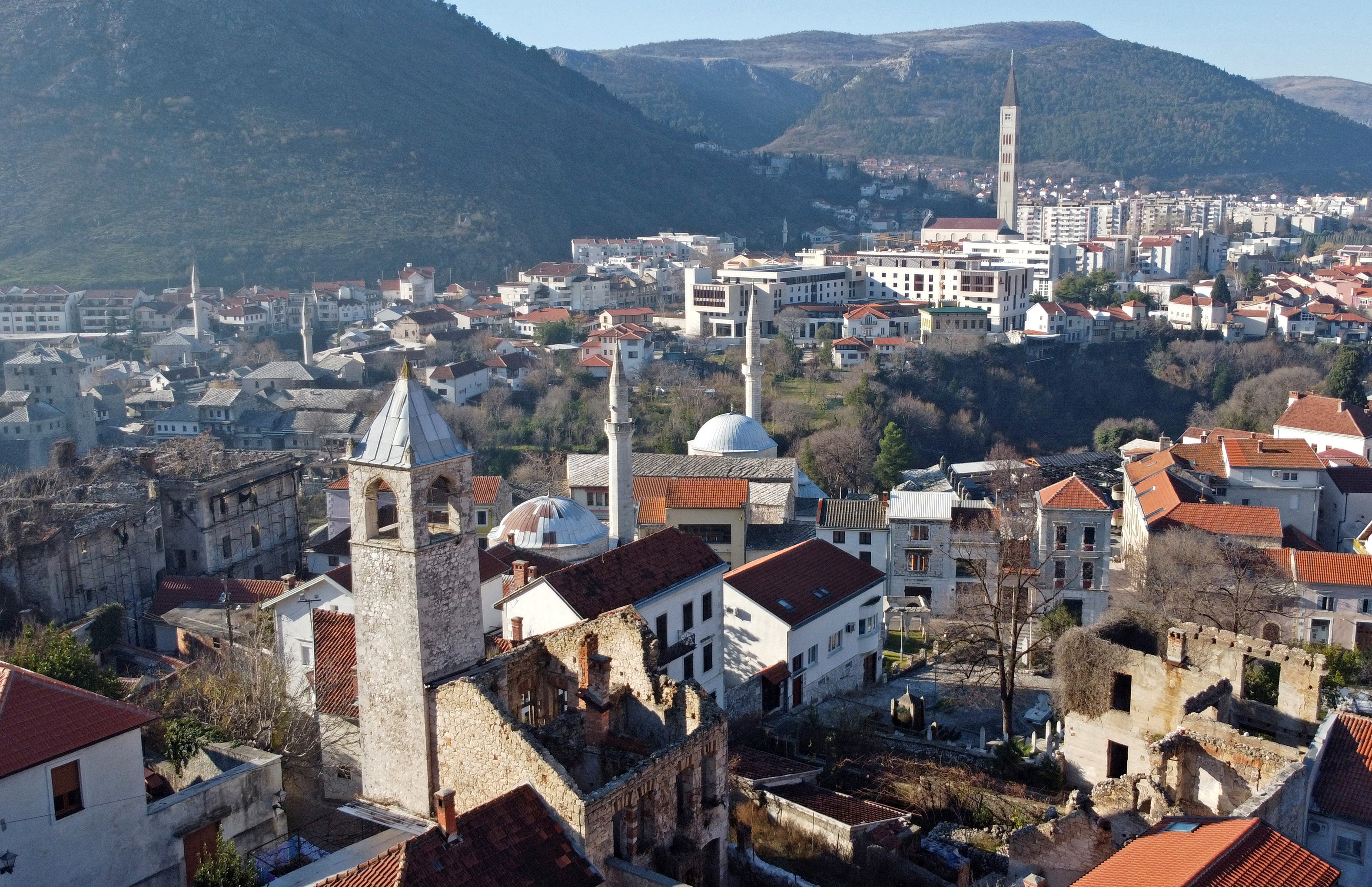 Aerial view of buildings, mosques and churches destroyed during the 1992-1995 war in the old part of Mostar