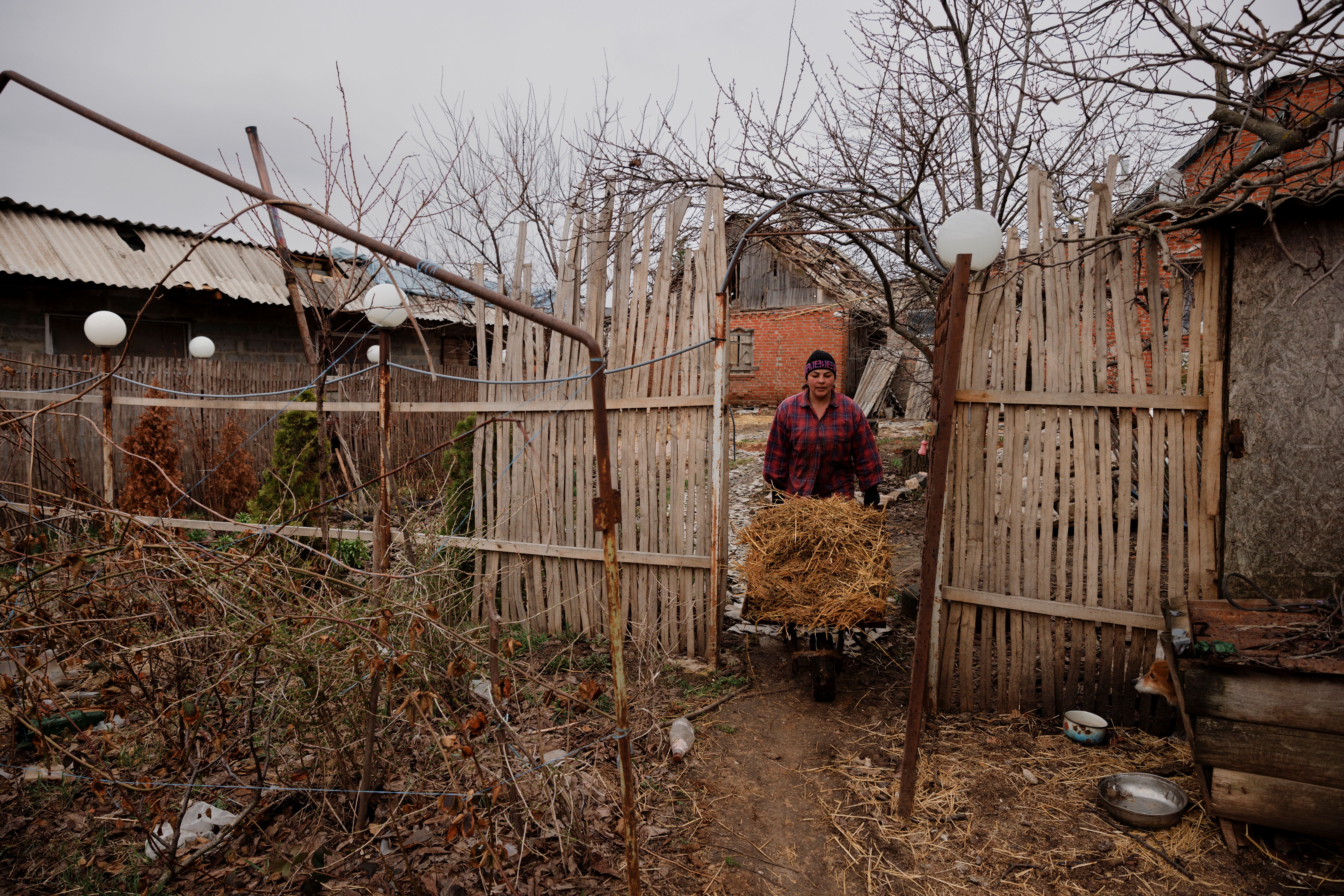 Nina Bonderenko pushes a wheelbarrow as she takes care of her cousin's farm in Yakovlivka outside Kharkiv, Ukraine, April 3, 2022. A week after Russian forces launched their invasion on February 24, the village was bombed locals said. "We were sitting in our cellar for four hours and read the Lord's Prayer. We wrapped the kids into blankets and just couldn't fall asleep until three or four in the morning," said Bonderenko. Bonderenko's cousin fled the village with his family the day after the aerial bombardment
