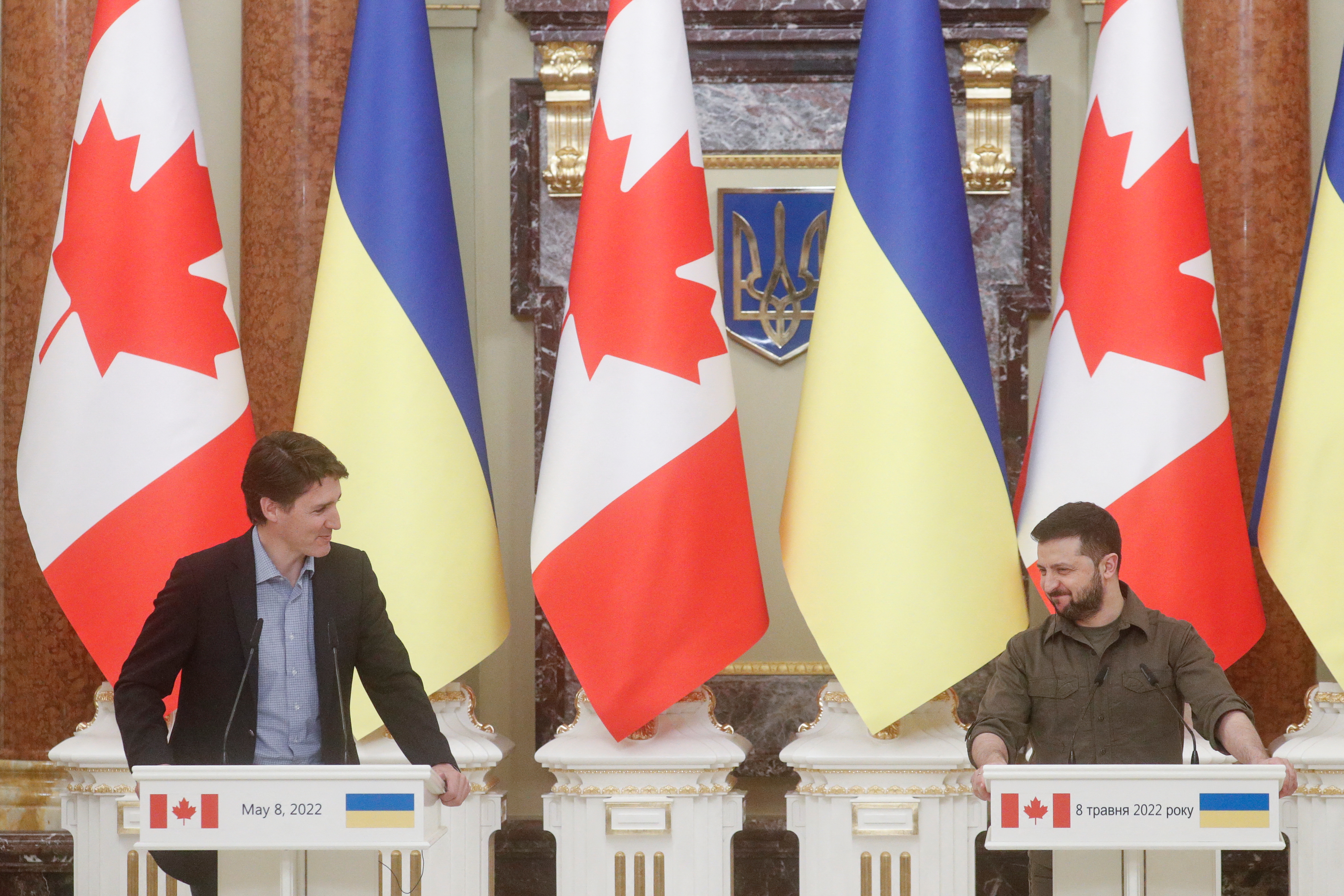 Canadian Prime Minister Justin Trudeau and Ukraine's President Volodymyr Zelenskiy attend a news conference, as Russia's attack on Ukraine continues, in Kyiv,