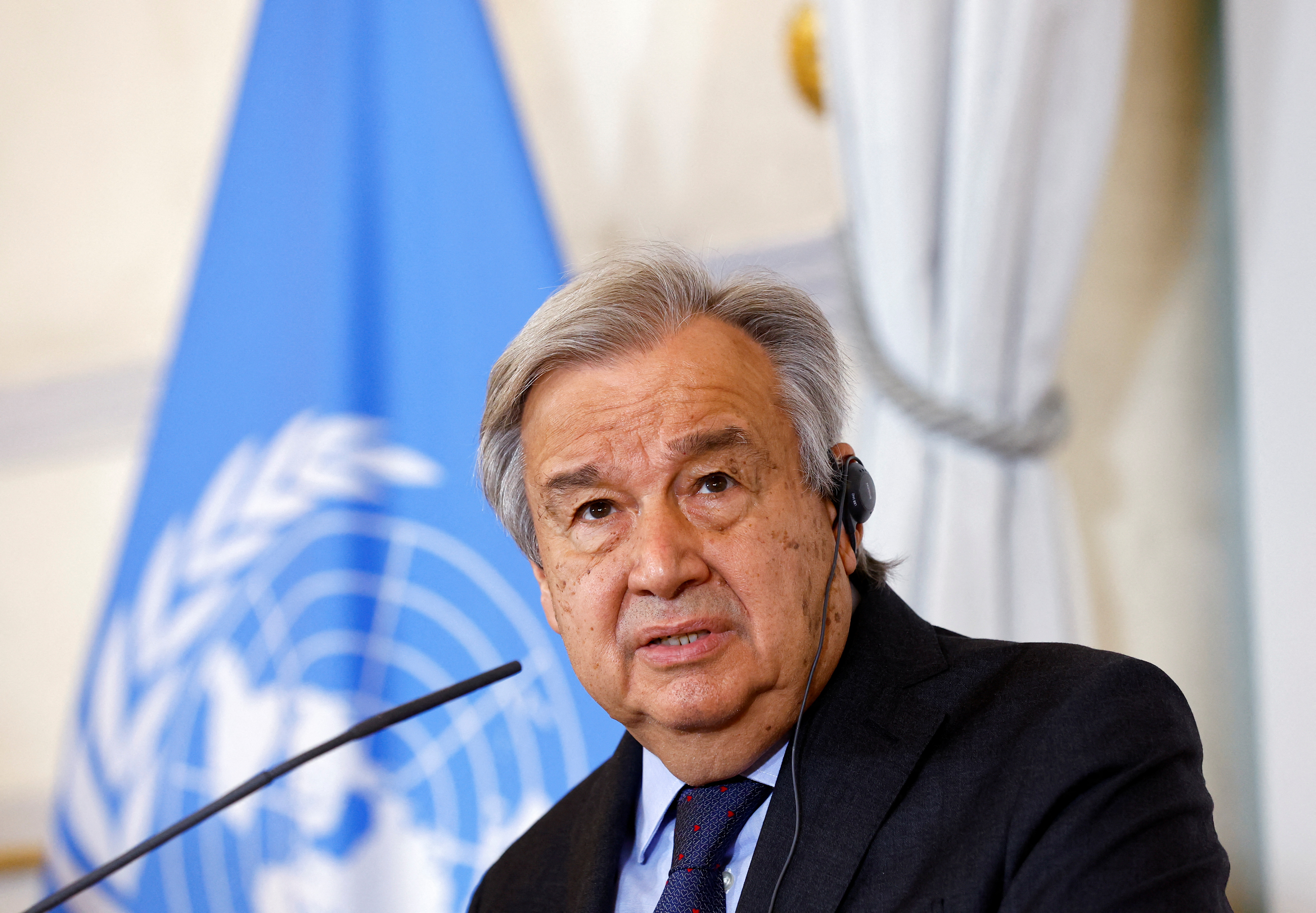 United Nations Secretary-General Antonio Guterres speaks during a news conference with Austrian Chancellor Karl Nehammer (not seen) and Foreign Minister Alexander Schallenberg (not seen) in Vienna, Austria