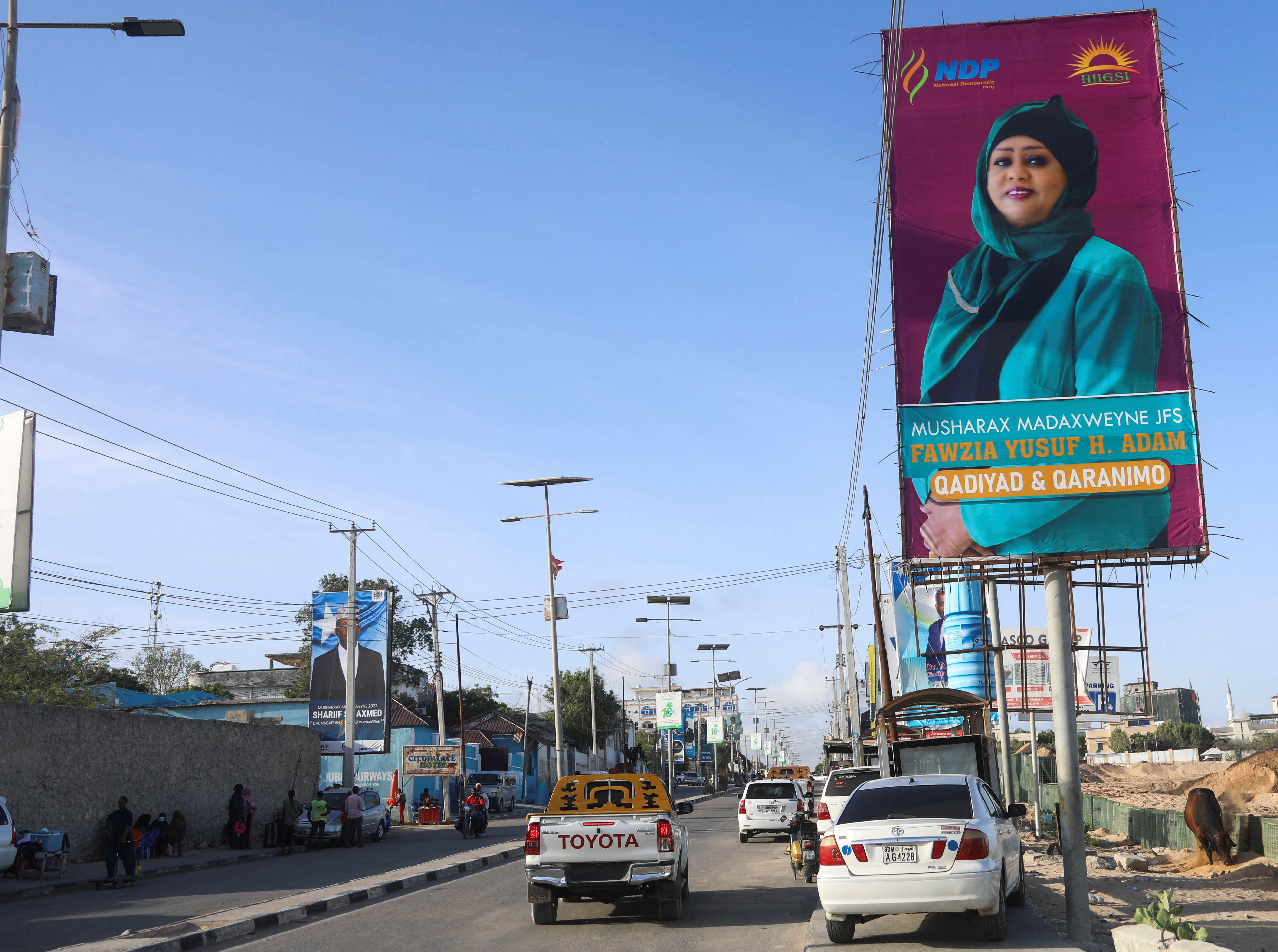 An election banner of Somali presidential candidate and former Foreign Minister Fawzia Yusuf Adam is seen in Mogadishu, Somalia May 12, 2022