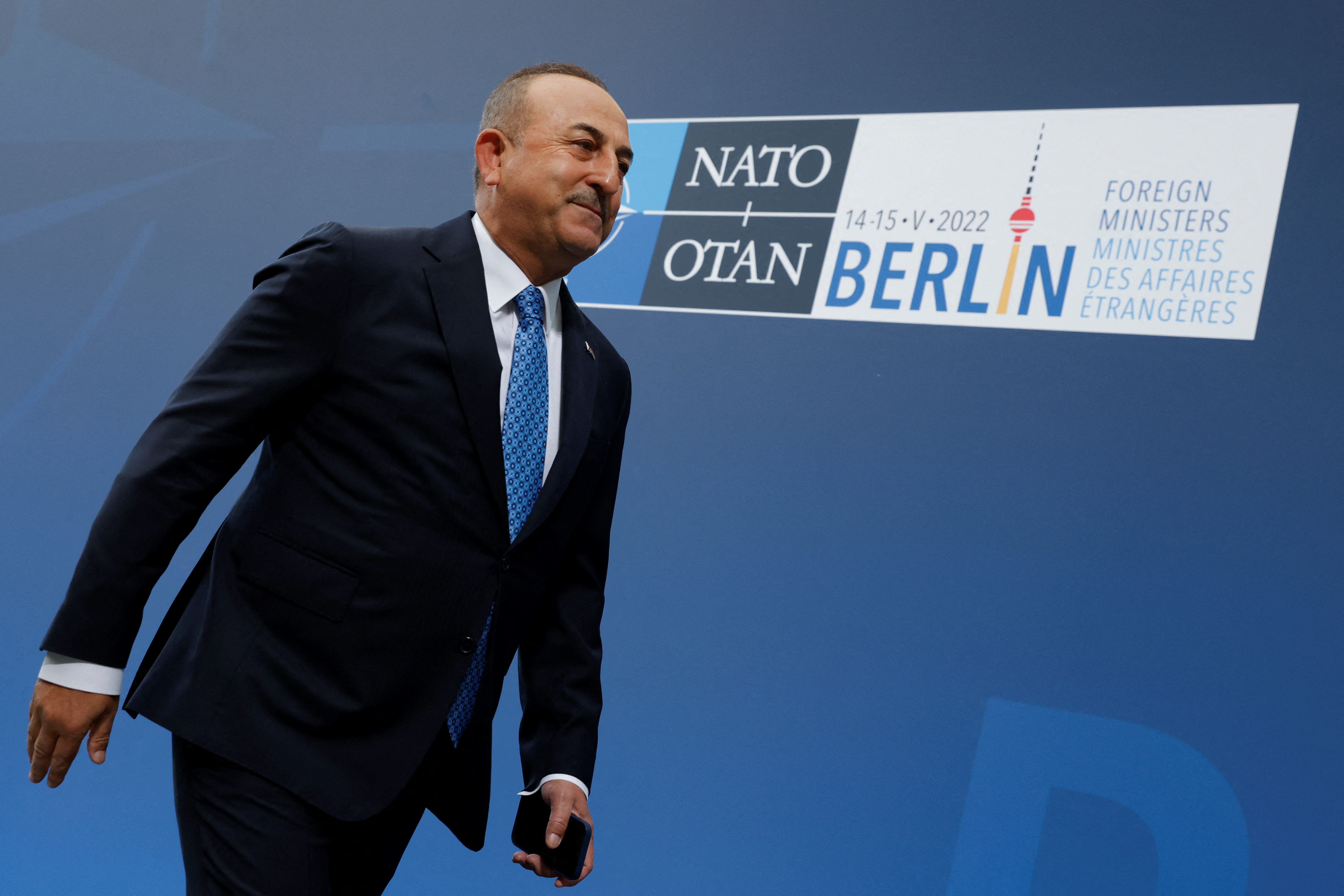 Turkish foreign minister Mevlut Cavusoglu arrives for a two-day NATO foreign ministers meeting in Berlin, Germany