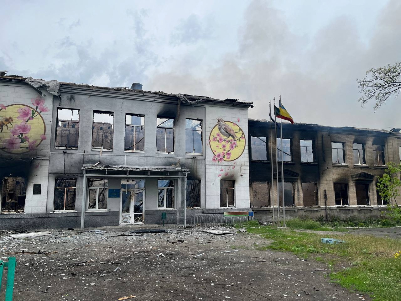 Remains of a school destroyed amid the ongoing Russian invasion of Ukraine are pictured, in Avdiivka, Donetsk Region, Ukraine in this still image released on May 18, 2022.